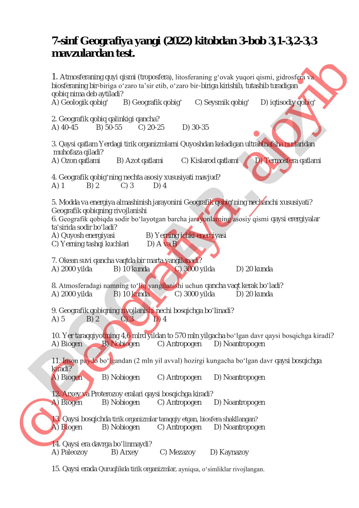 7-sinf Geografiya test: Geografik qobiq
