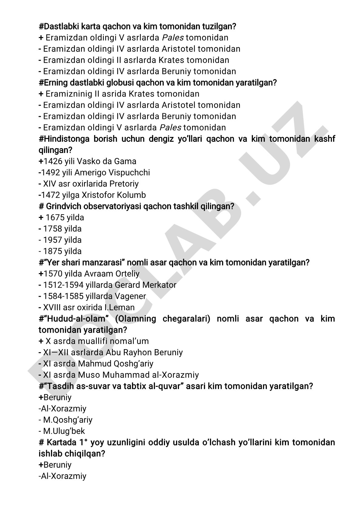 Kartografiya va geografik kashfiyotlar tarixiga oid test