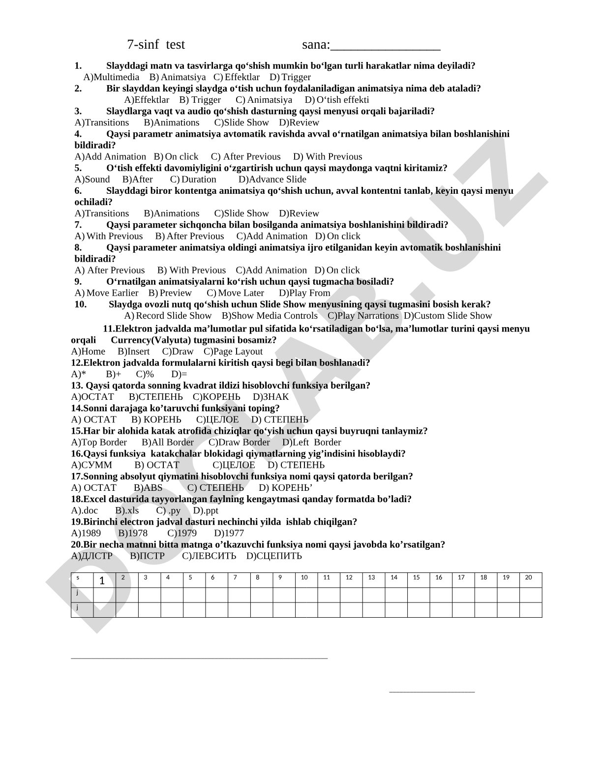 7-sinf uchun PowerPoint animatsiya va o'tish effektlari bo'yicha test savollari