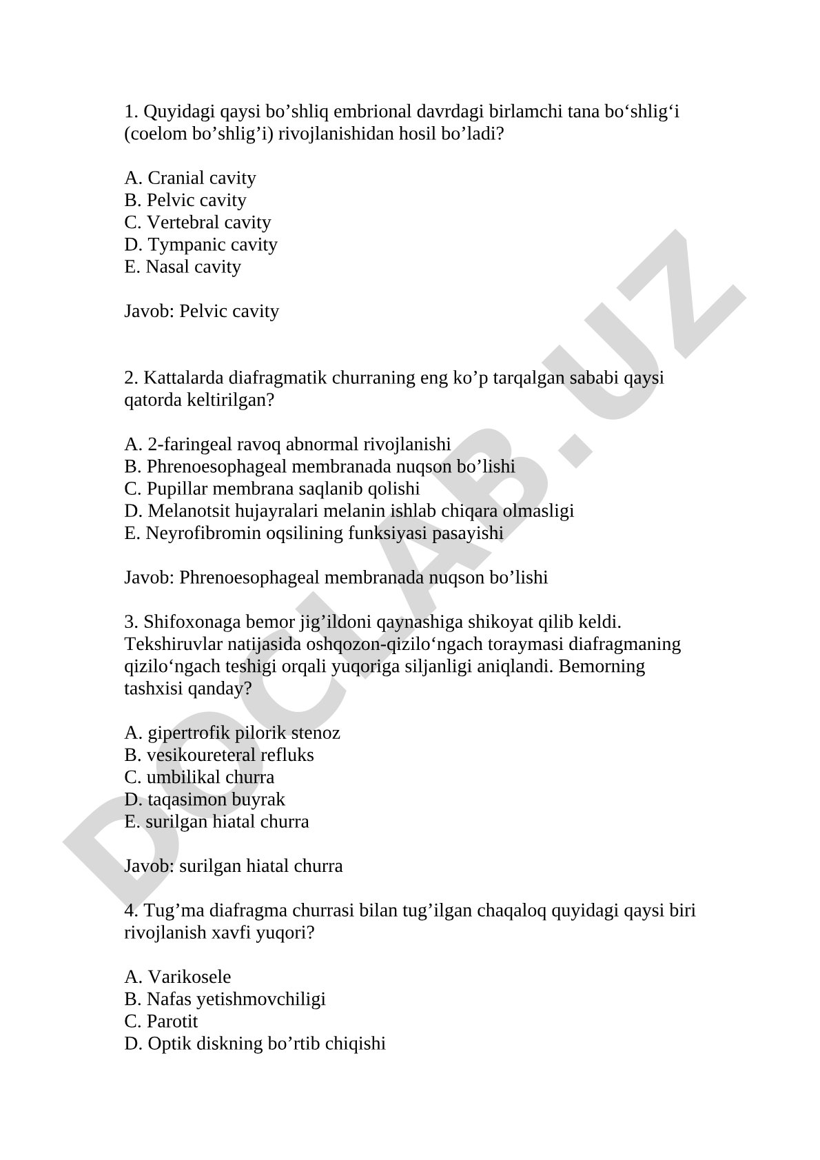 Anatomiya va embrional rivojlanish test savollari