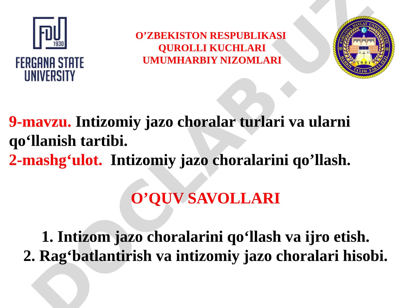 Intizomiy jazo choralar turlari va ularni qo‘llanish tartibi