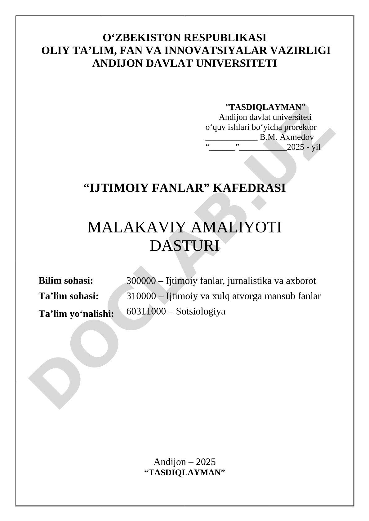 Ijtimoiy fanlar kafedrasi malakaviy amaliyoti dasturi