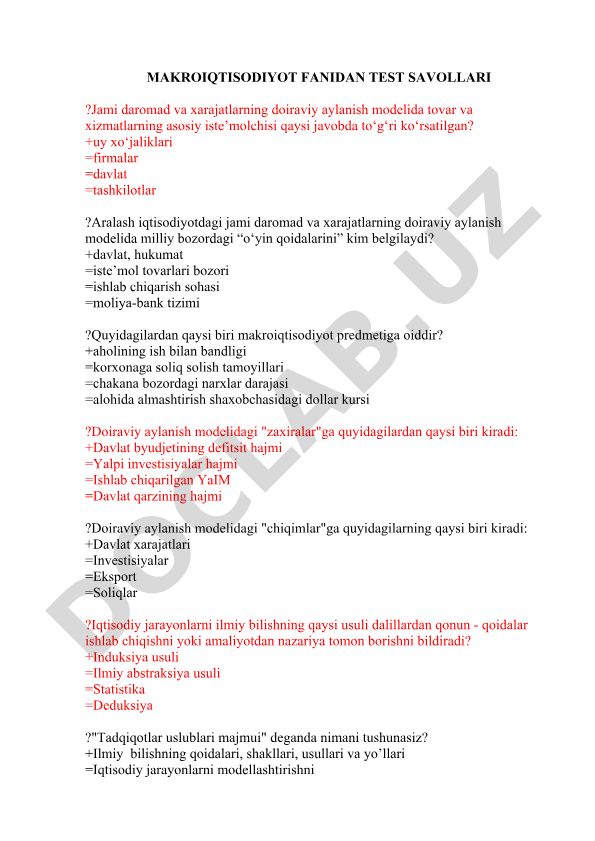 Makroiqtisodiyot fanidan test savollari