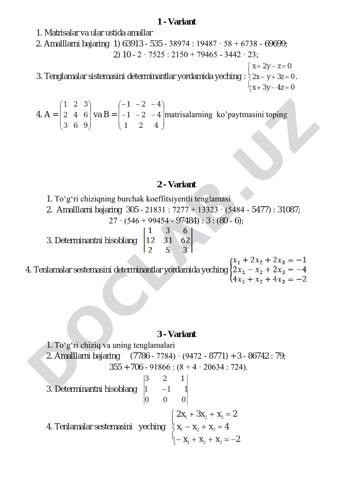 Matrisalar, determinantlar va tenglamalar sistemasi test variantlari