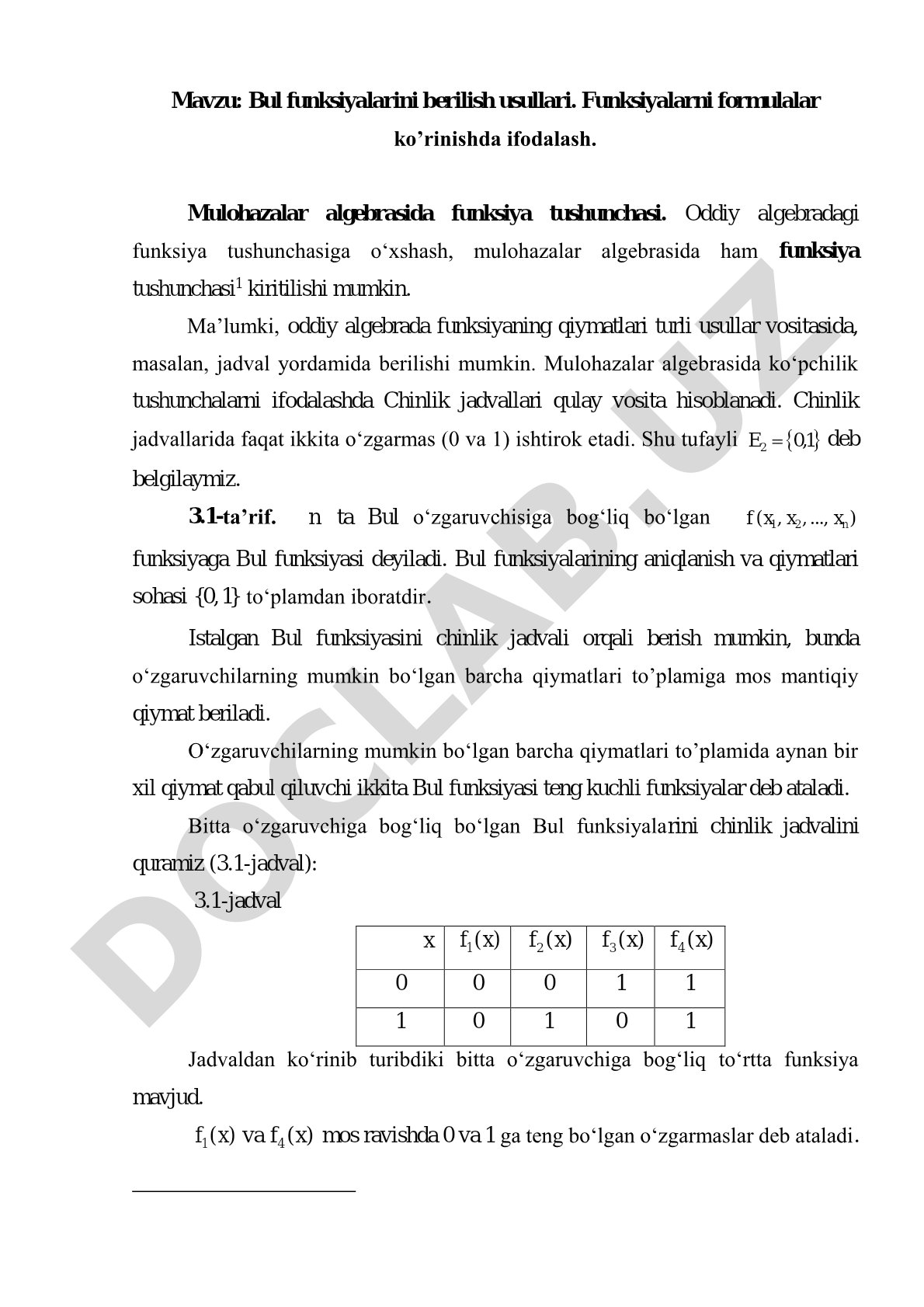Bul funksiyalarini berilish usullari