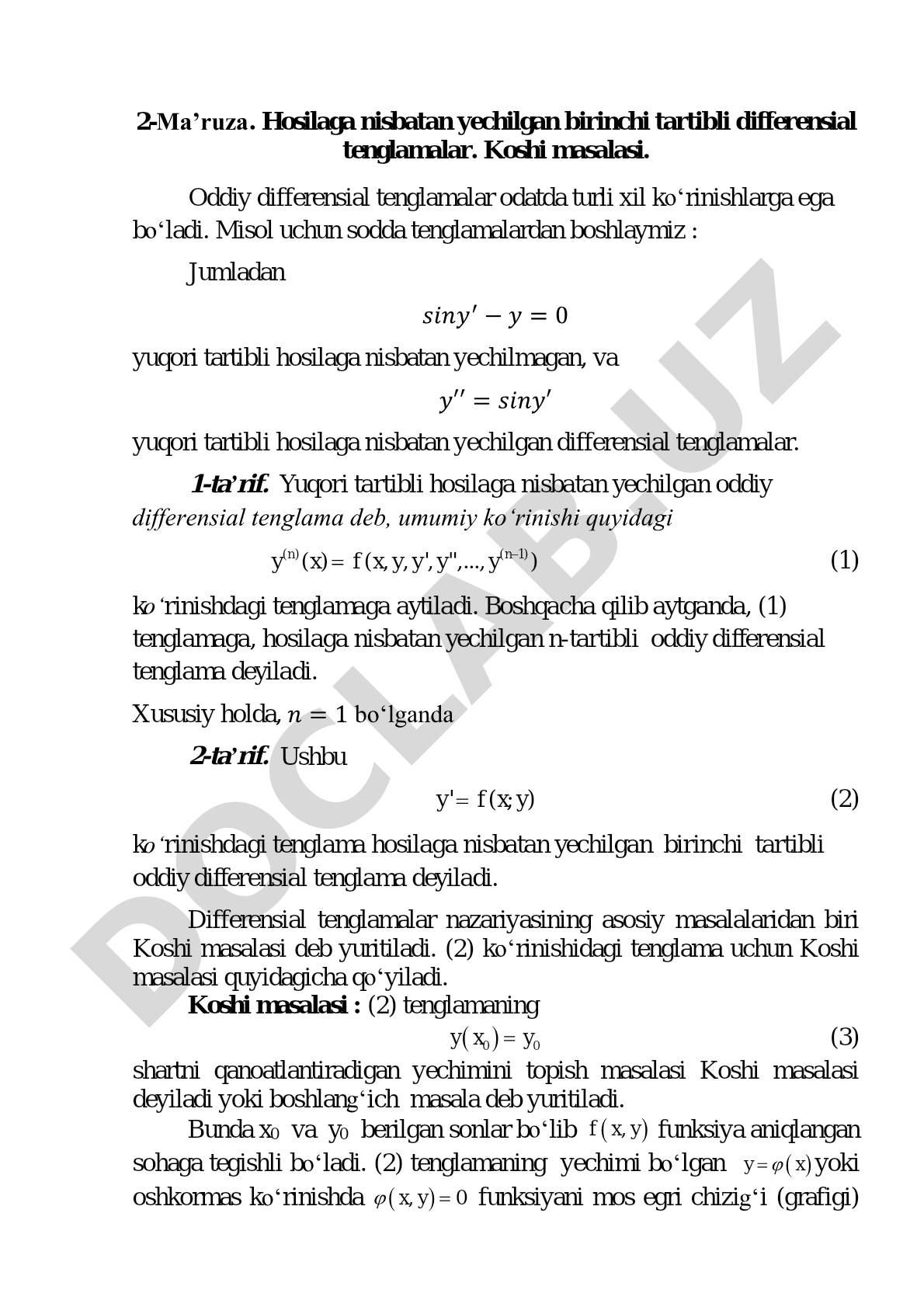 Hosilaga nisbatan yechilgan birinchi tartibli differensial tenglamalar. Koshi masalasi.