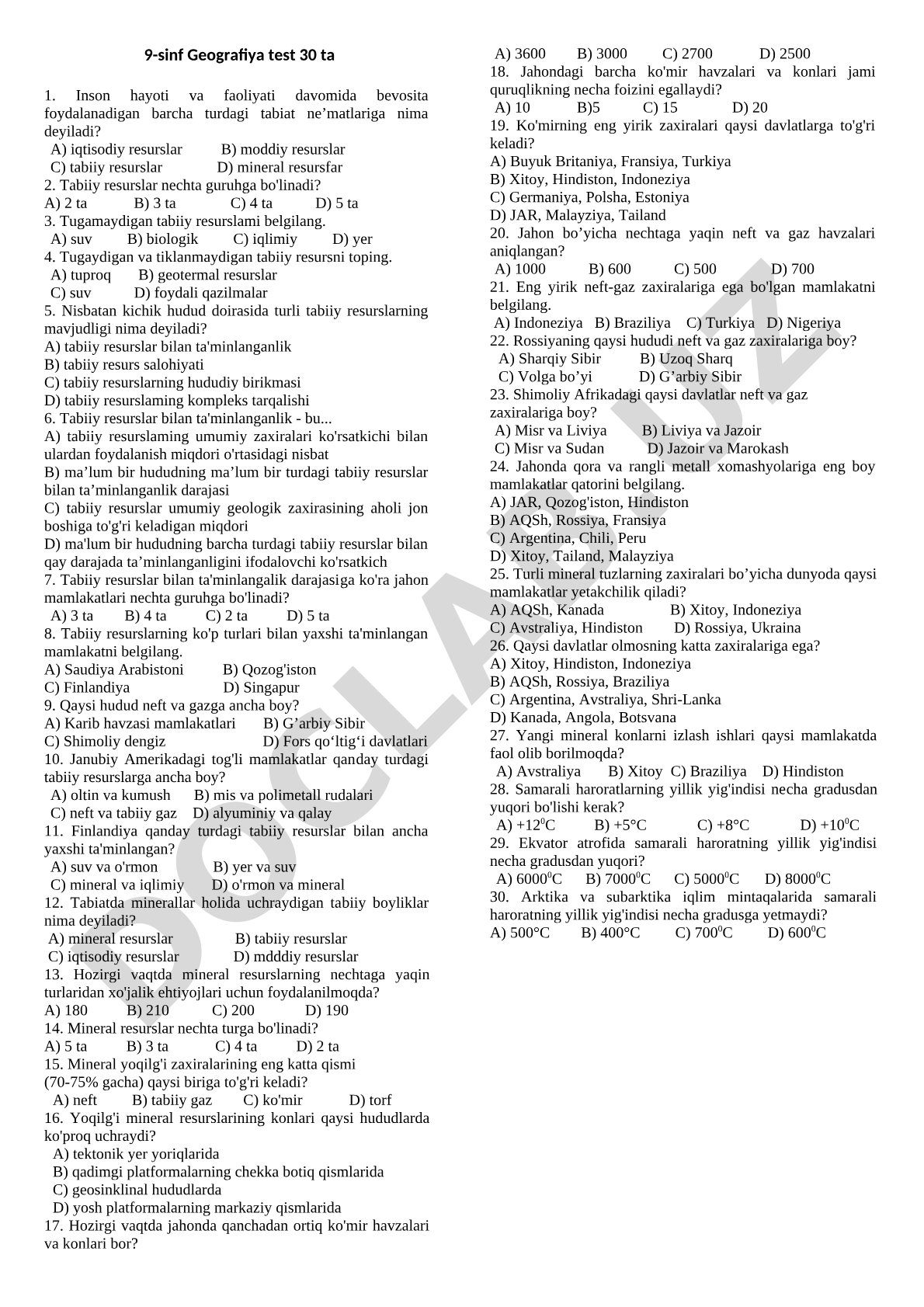 Tabiiy resurslar bo'yicha 9-sinf geografiya testi