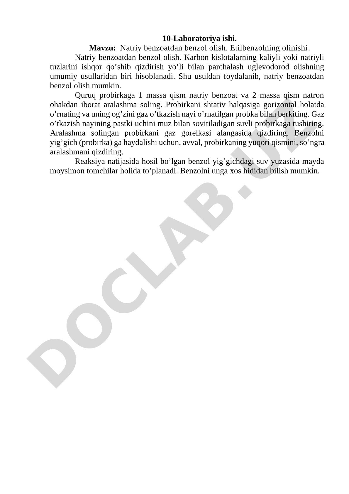Natriy benzoatdan benzol olish