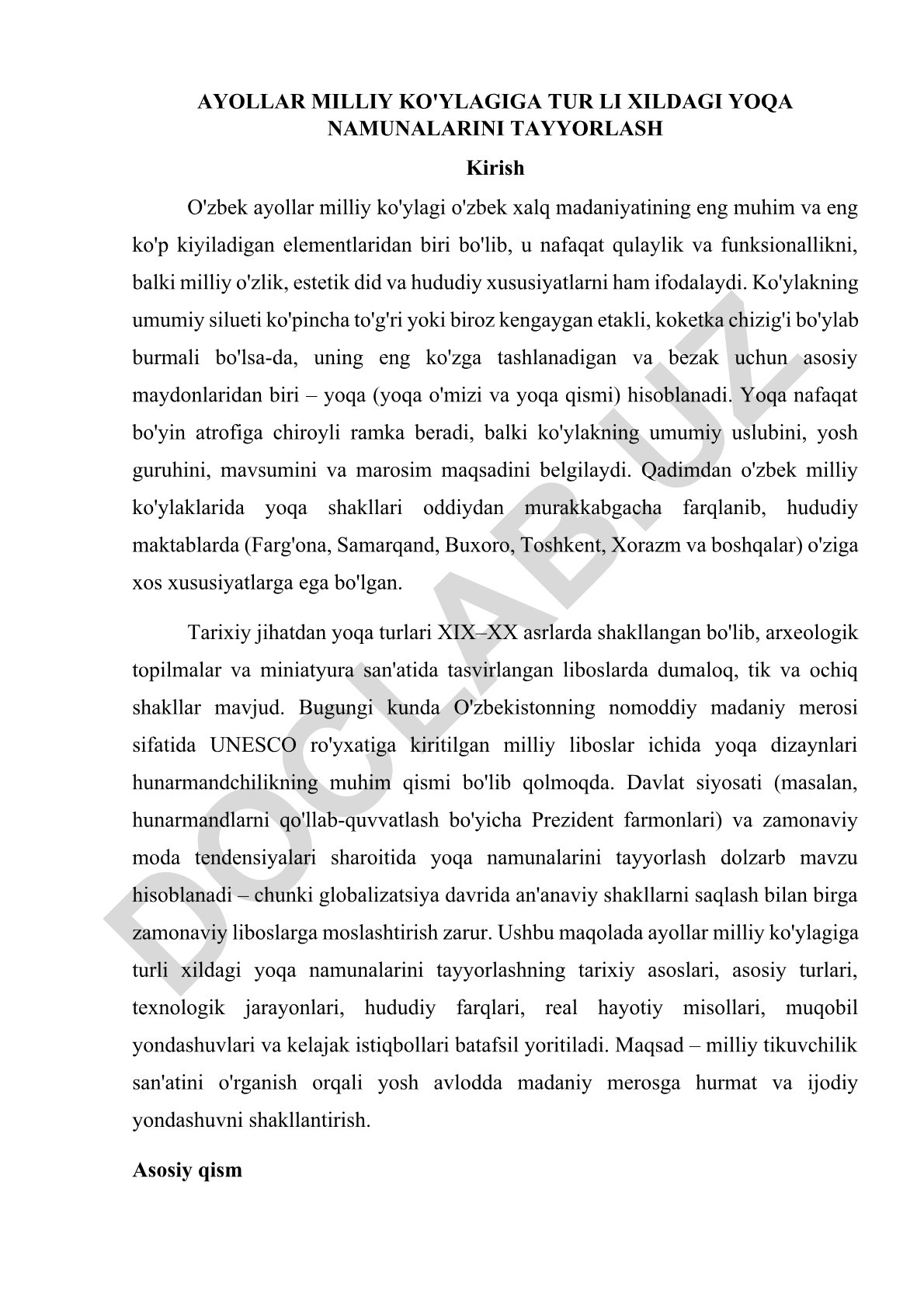 O'zbek ayollar milliy ko'ylagi yoqa namunalarini tayyorlash