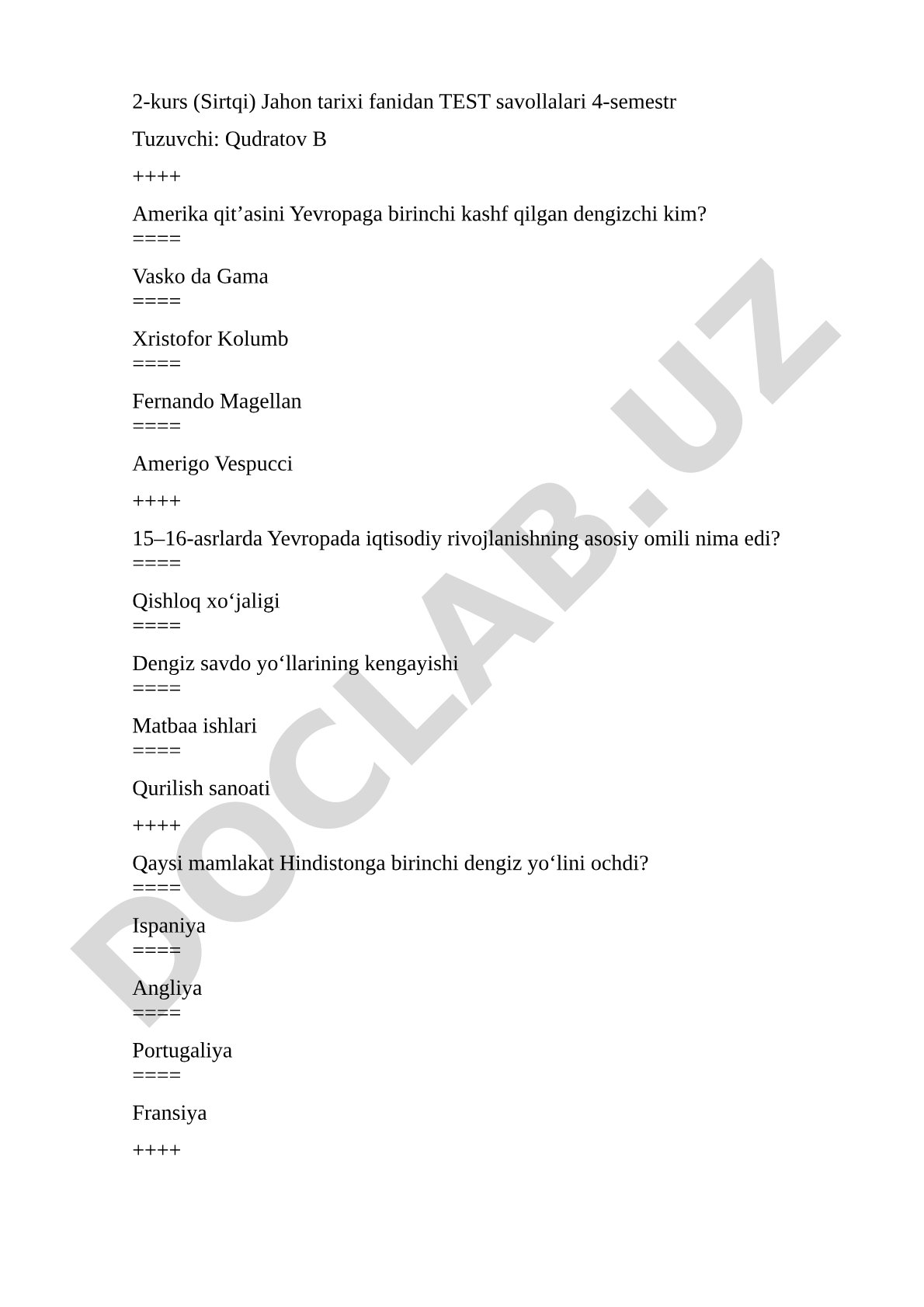 Jahon tarixi fanidan test savollari (2-kurs, 4-semestr)