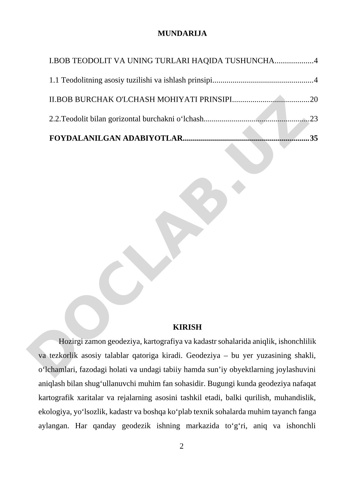 Teodolit bilan o‘lchash ishlarini amalga oshirish