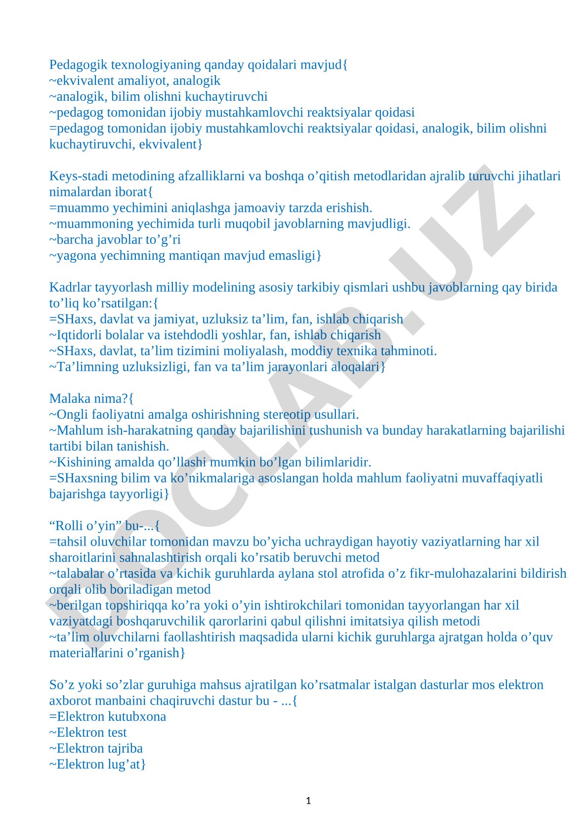 Pedagogik texnologiya va o'qitish metodlari savollari