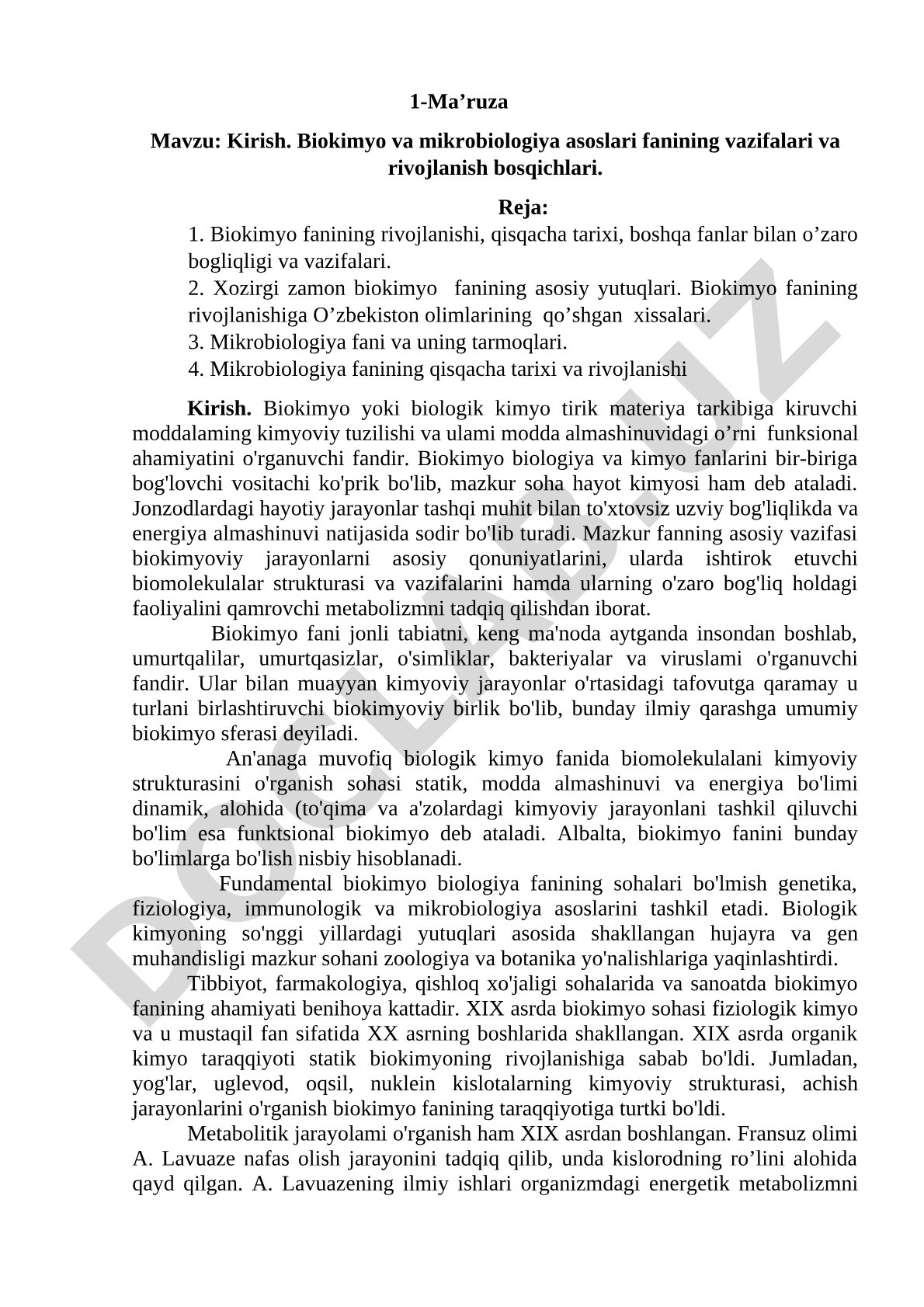 Kirish. Biokimyo va mikrobiologiya asoslari fanining vazifalari va rivojlanish bosqichlari