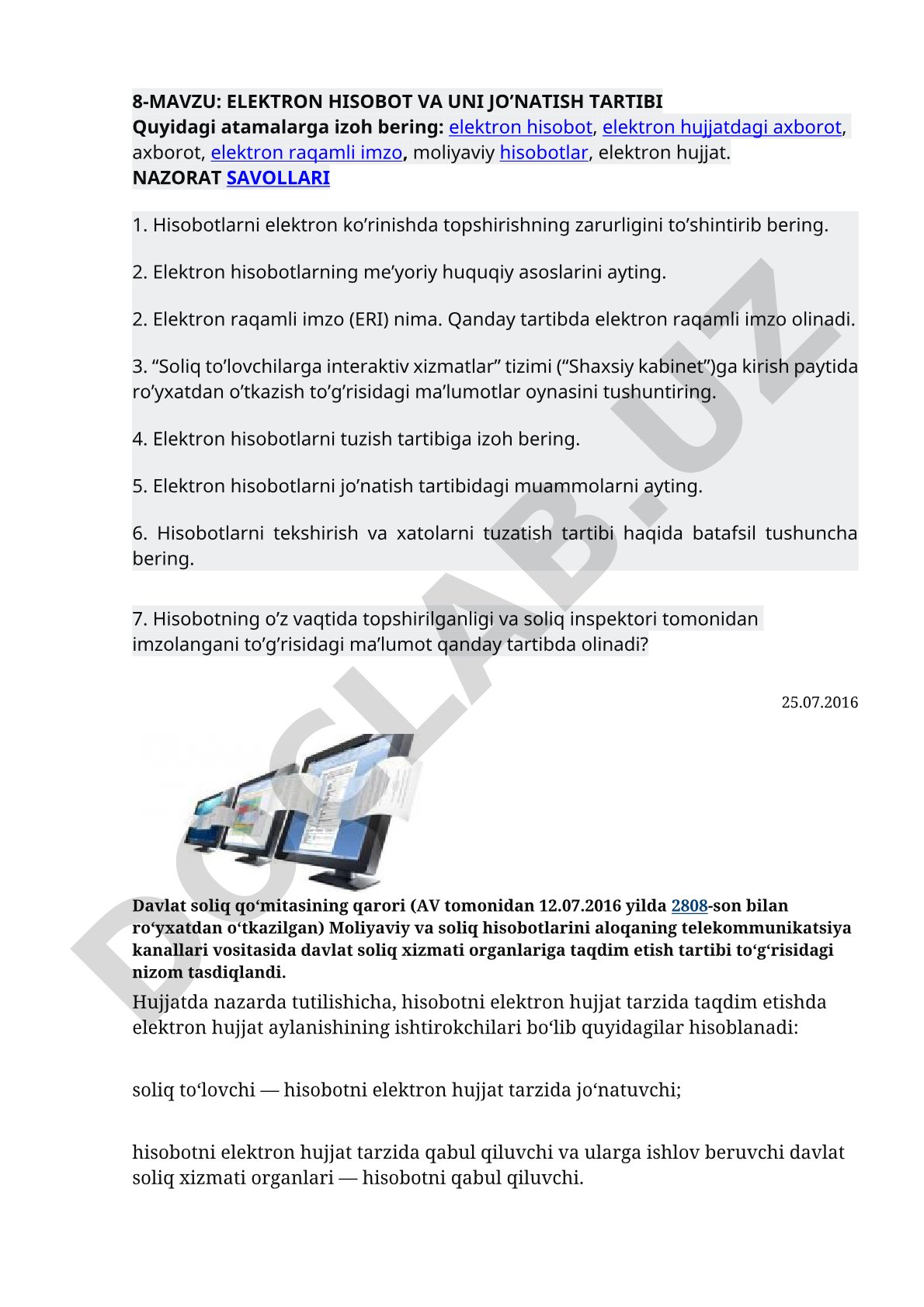 ELEKTRON HISOBOT VA UNI JO’NATISH TARTIBI