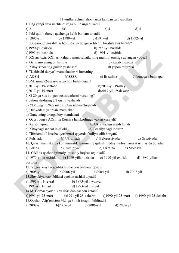 11-sinflar uchun jahon tarixi fanidan test savollari