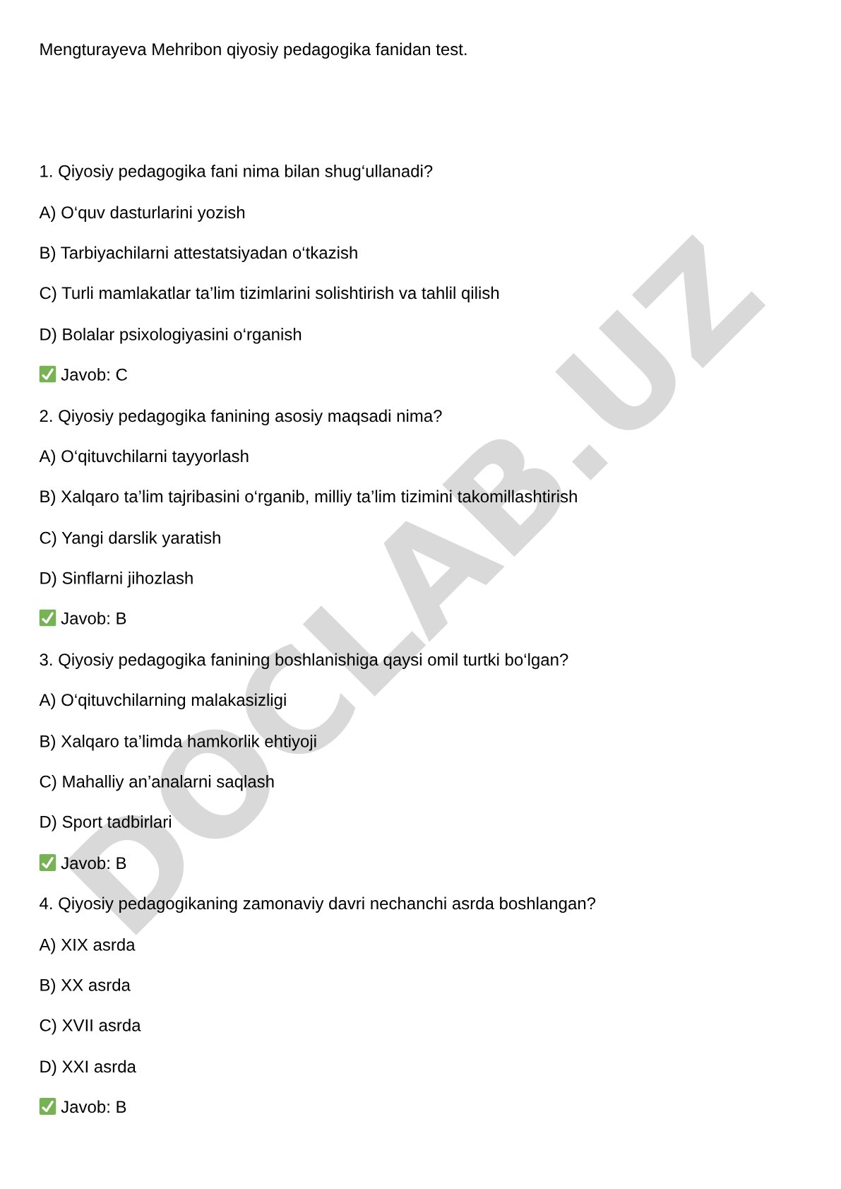 Qiyosiy pedagogika fanidan test