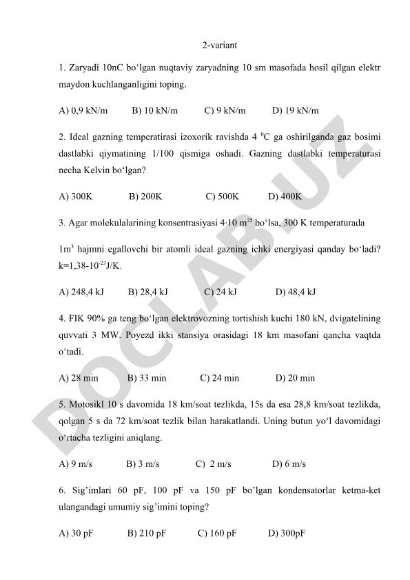 Fizika fanidan test savollari va masalalar