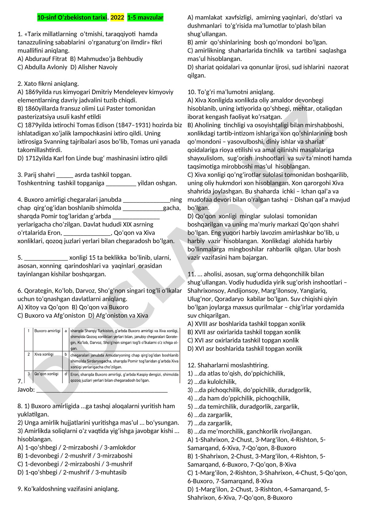 10-sinf O‘zbekiston tarixi 1-5 mavzular test savollari