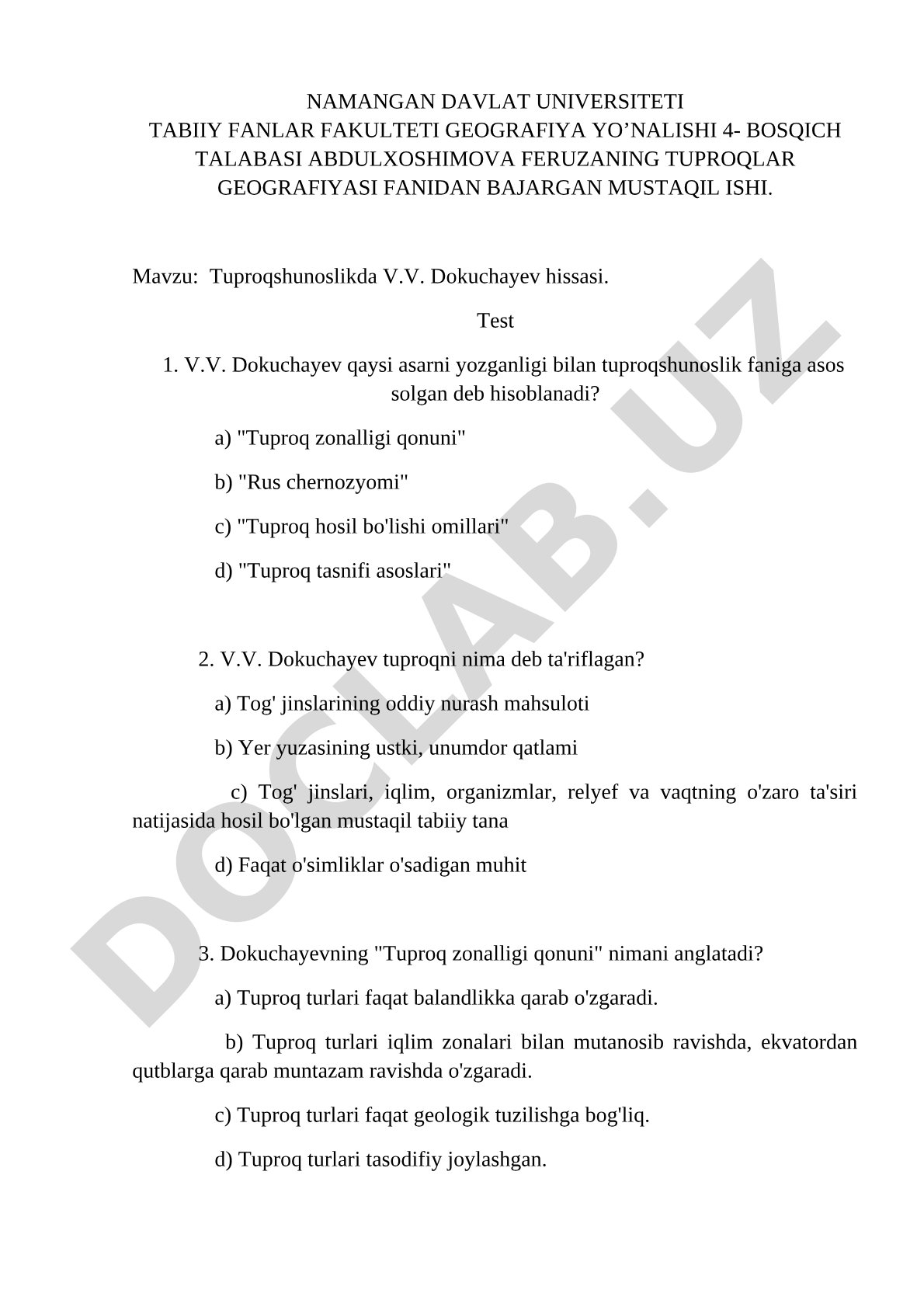 Tuproqshunoslikda V.V. Dokuchayev hissasi