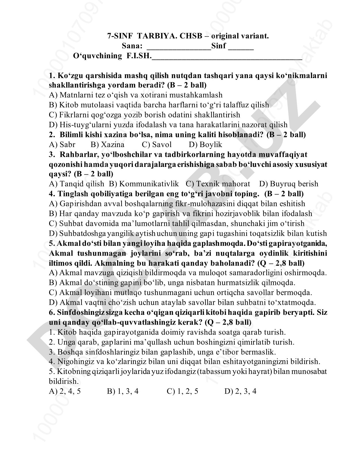 7-sinf Tarbiya fanidan CHSB test