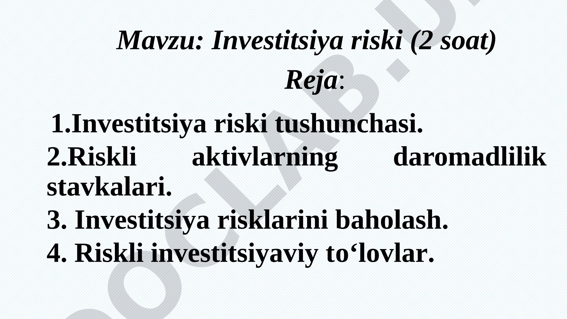 Investitsiya riski tushunchasi, riskli aktivlar daromadliligi, risklarni baholash va