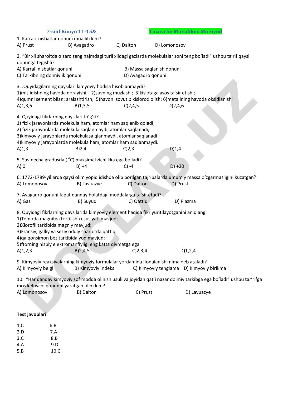 7-sinf kimyo test savollari