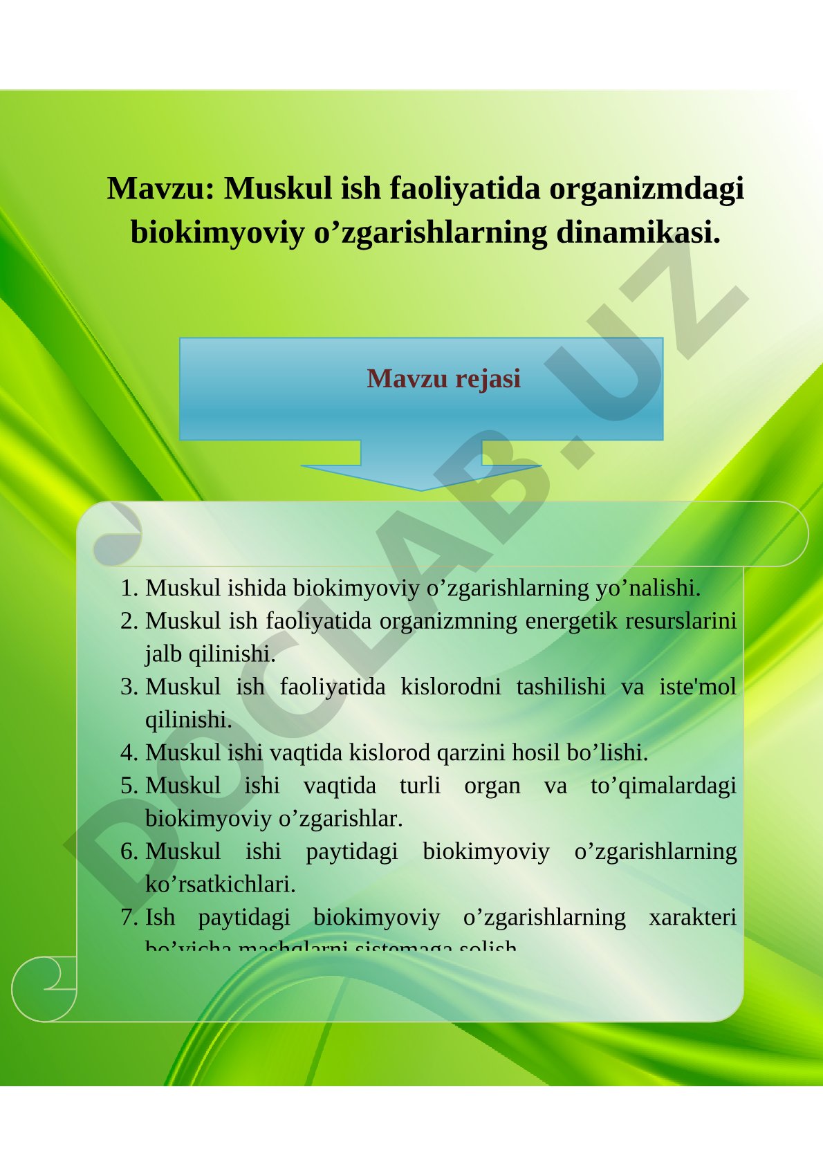 Muskul ish faoliyatida organizmdagi biokimyoviy o'zgarishlarning dinamikasi