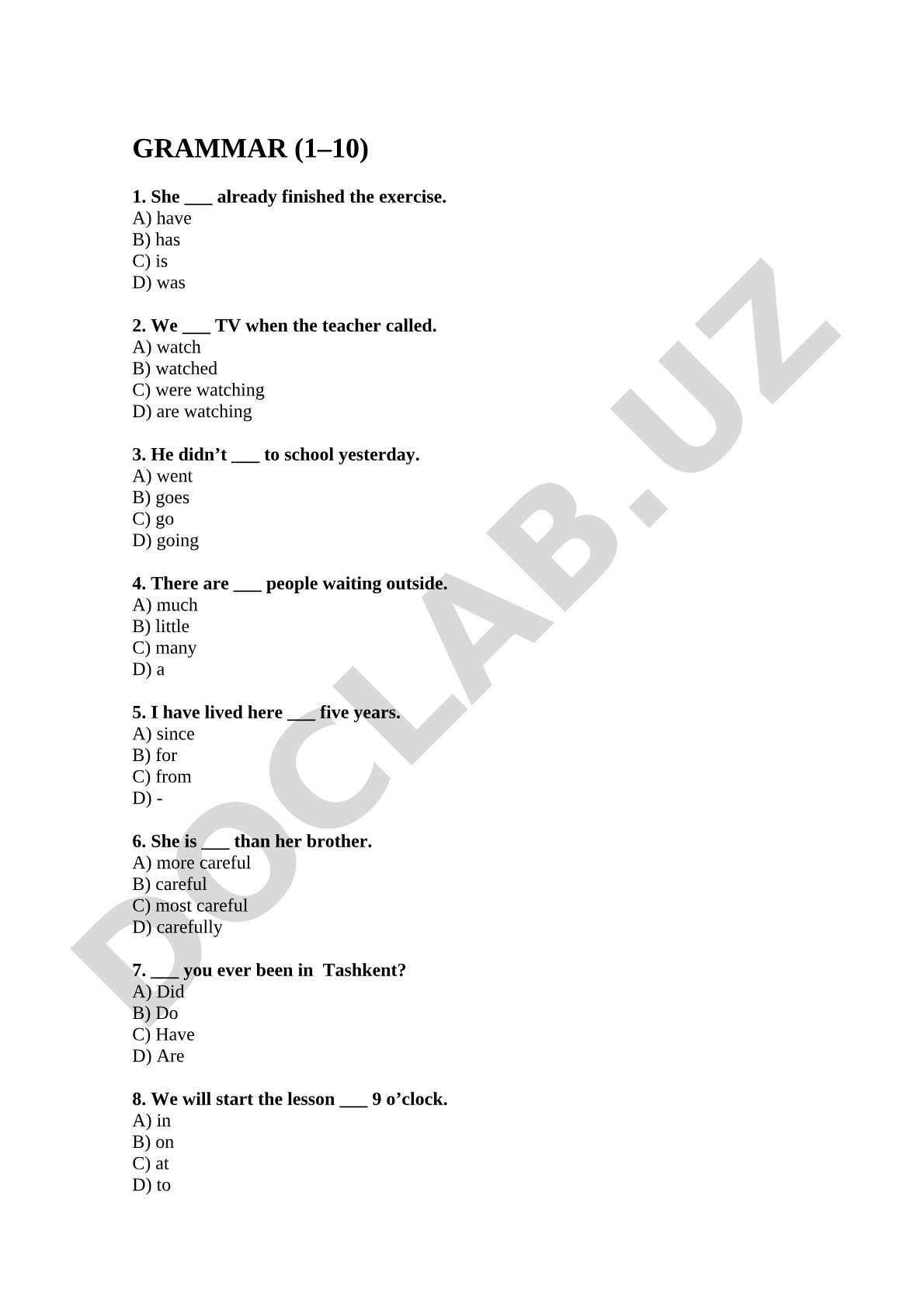 English Grammar, Vocabulary and Reading Test