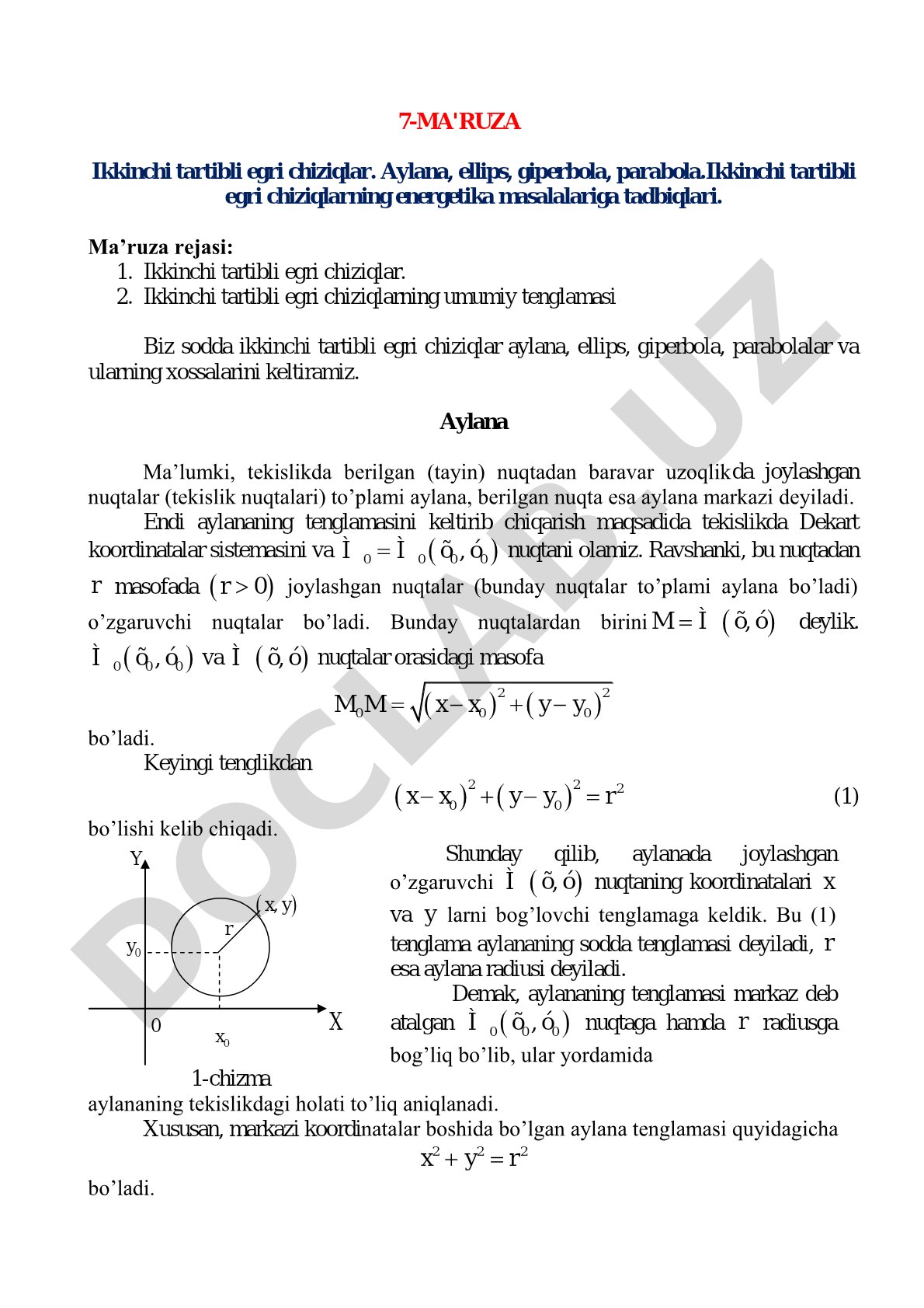Ikkinchi tartibli egri chiziqlar: aylana, ellips, giperbola, parabola