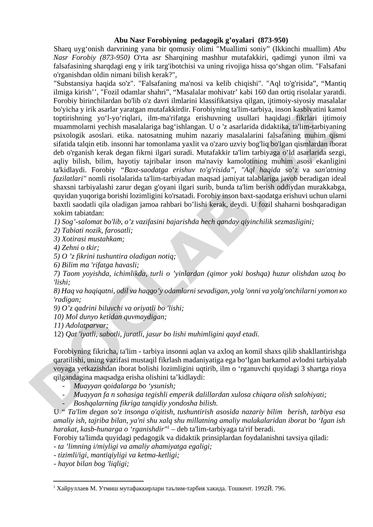 Abu Nasr Forobiyning pedagogik g’oyalari (873-950)