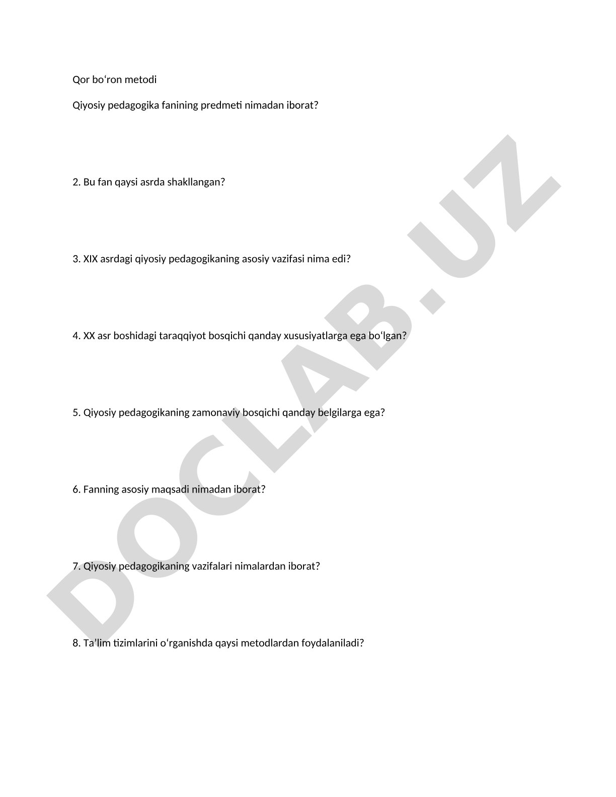 Qiyosiy pedagogika fanidan savollar