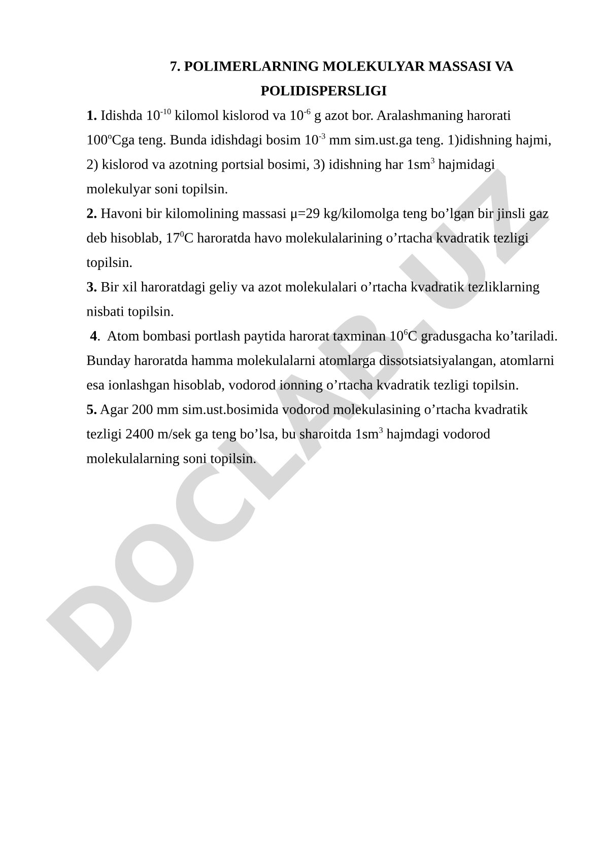 Polimerlarning molekulyar massasi va polidispersligi