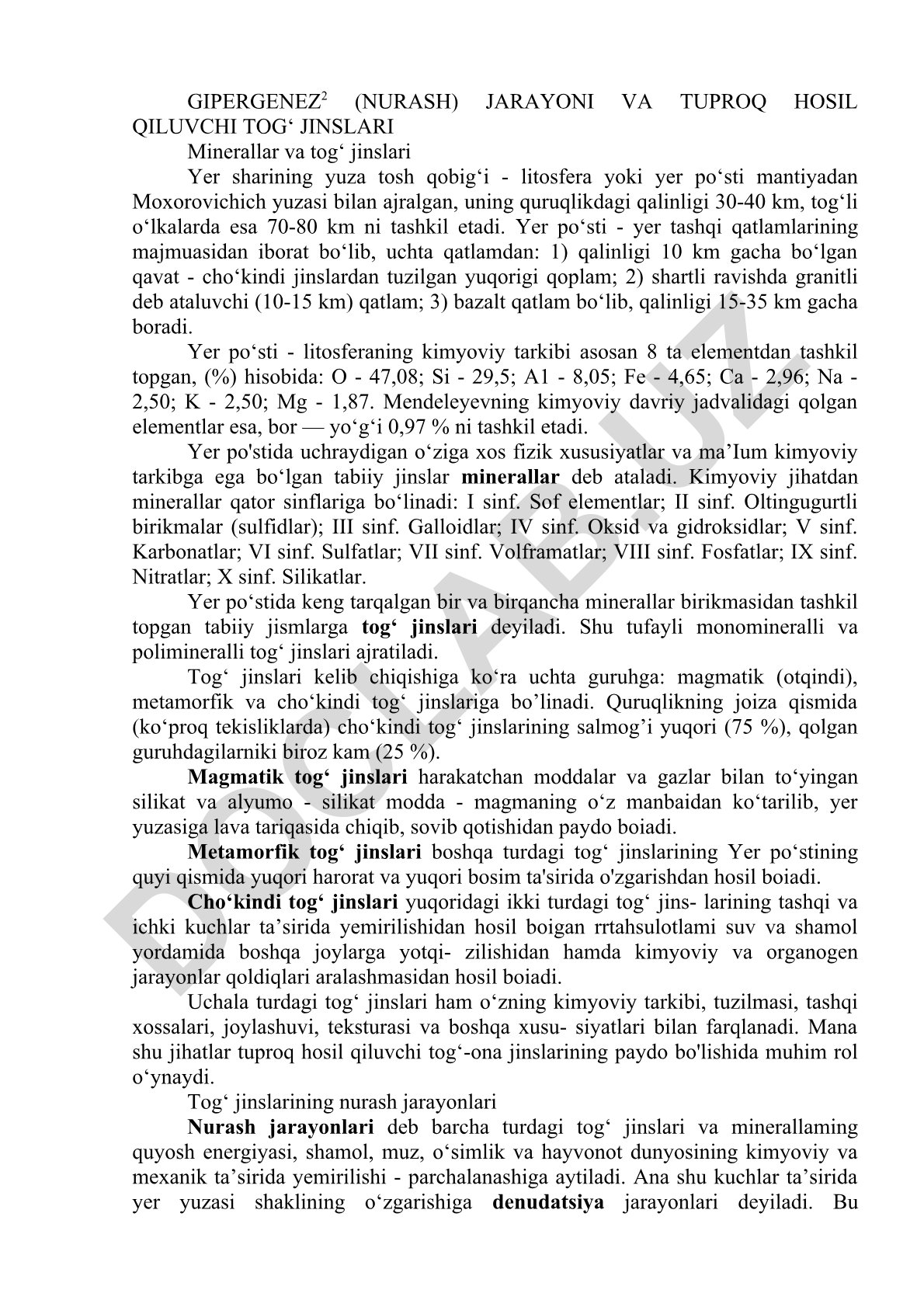 Gipergenez jarayoni va tuproq hosil qiluvchi tog' jinslari
