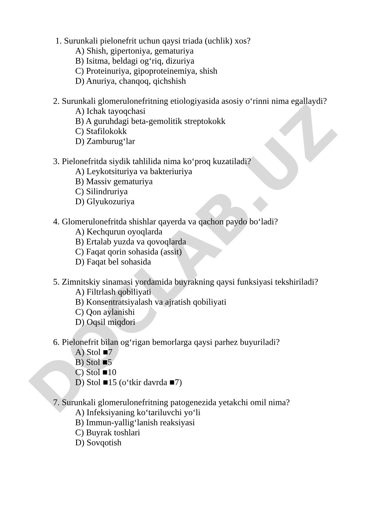 Surunkali pielonefrit va glomerulonefritga oid test savollari