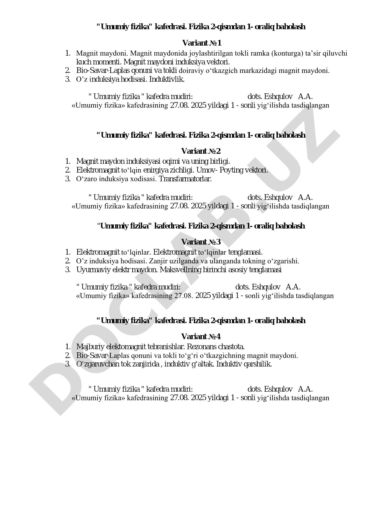 Fizika 2-qismdan 1- oraliq baholash