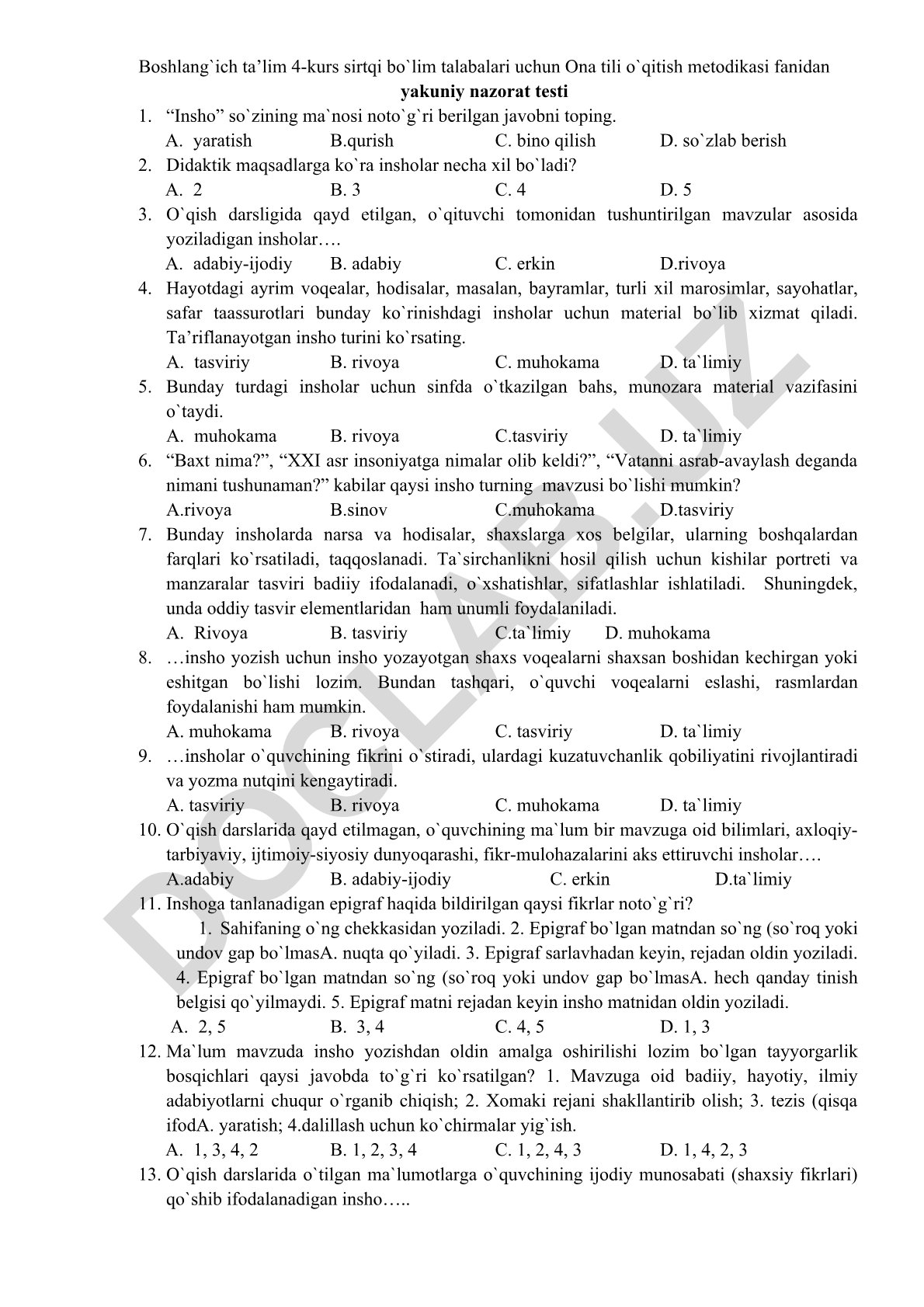 Ona tili o'qitish metodikasi fanidan yakuniy nazorat testi