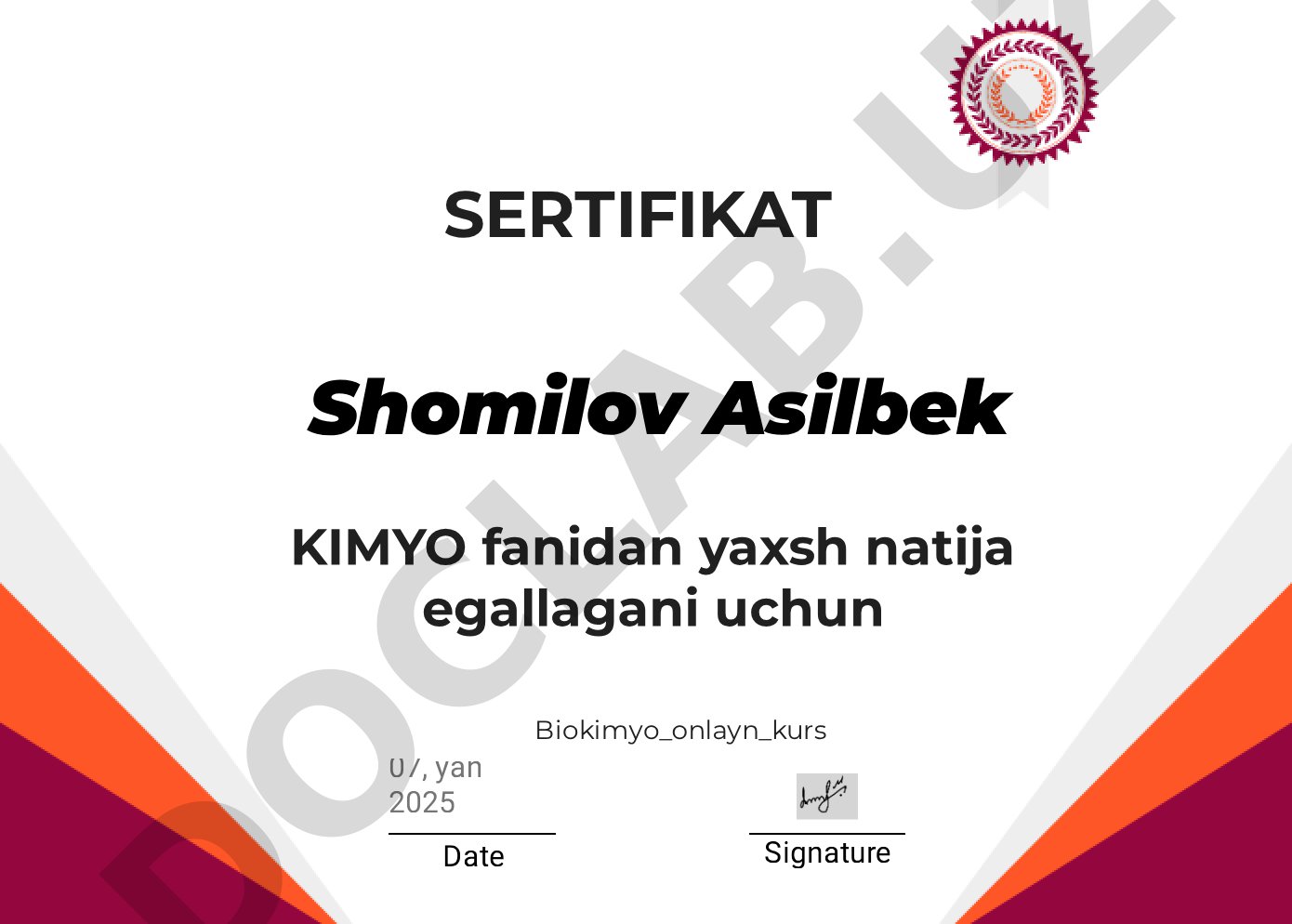 Shomilov Asilbek Biokimyo onlayn kursi sertifikati
