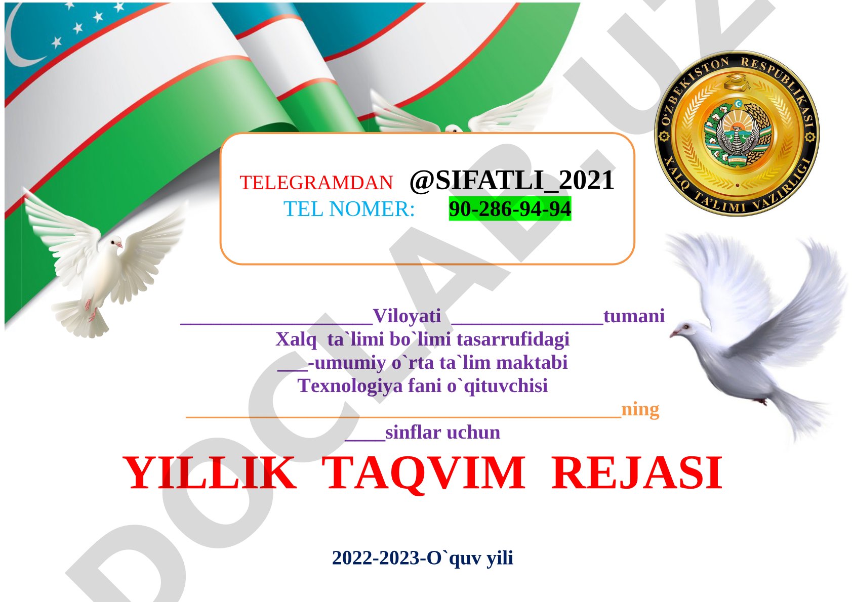 2022-2023-o'quv yili uchun texnologiya fani o'qituvchisining yillik taqvim rejasi