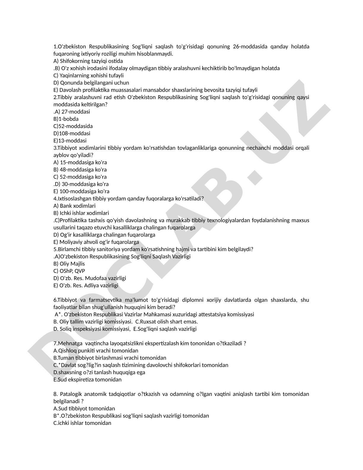 O'zbekiston Respublikasining Sog'liqni saqlash to'g'risidagi qonuni bo'yicha testlar
