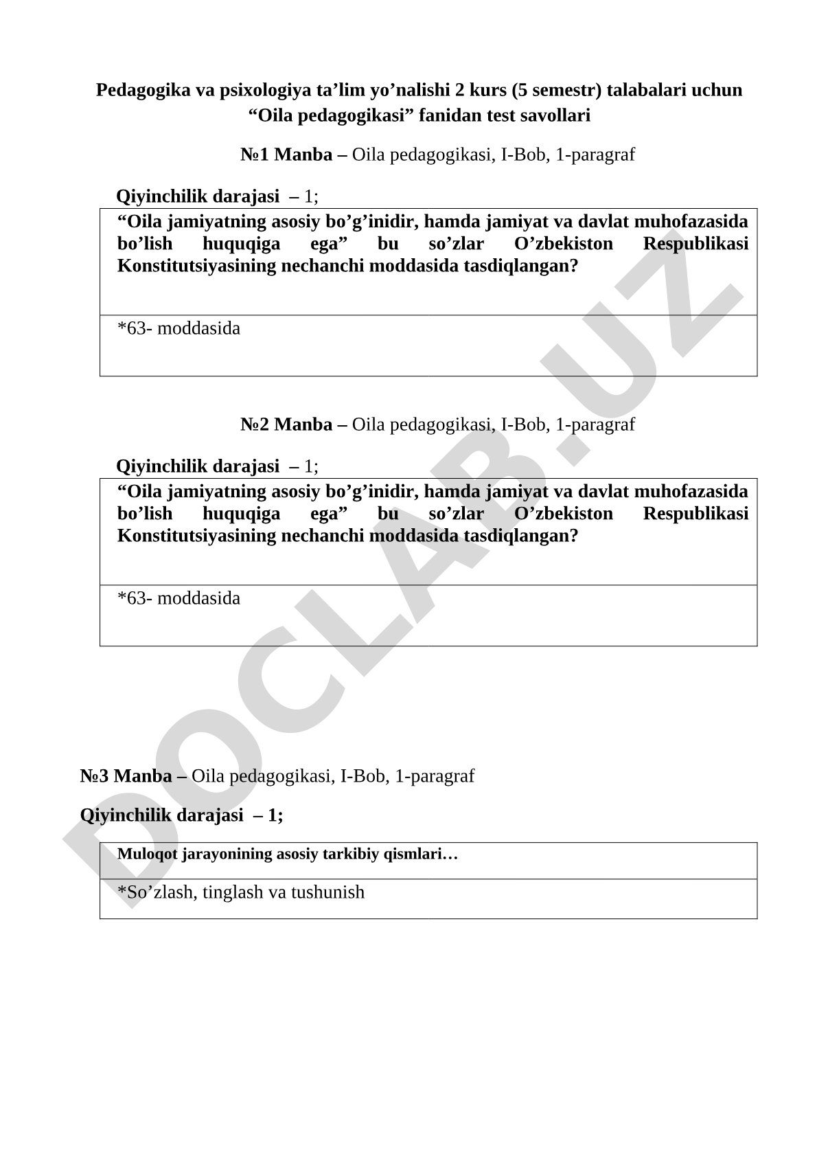 Oila pedagogikasi fanidan test savollari