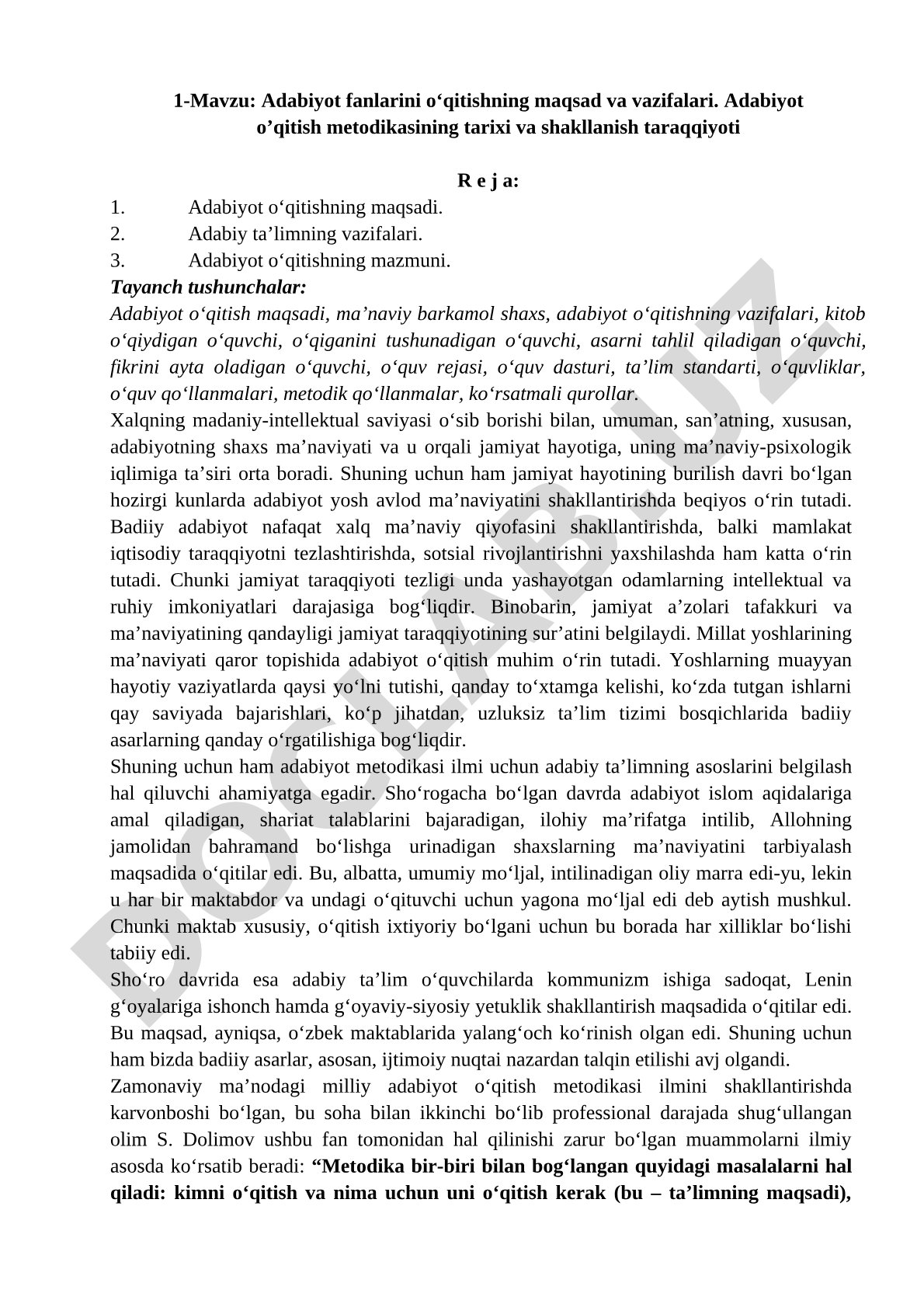 Adabiyot fanlarini o‘qitishning maqsad va vazifalari. Adabiyot o’qitish metodikasining tarixi va shakllanish taraqqiyoti