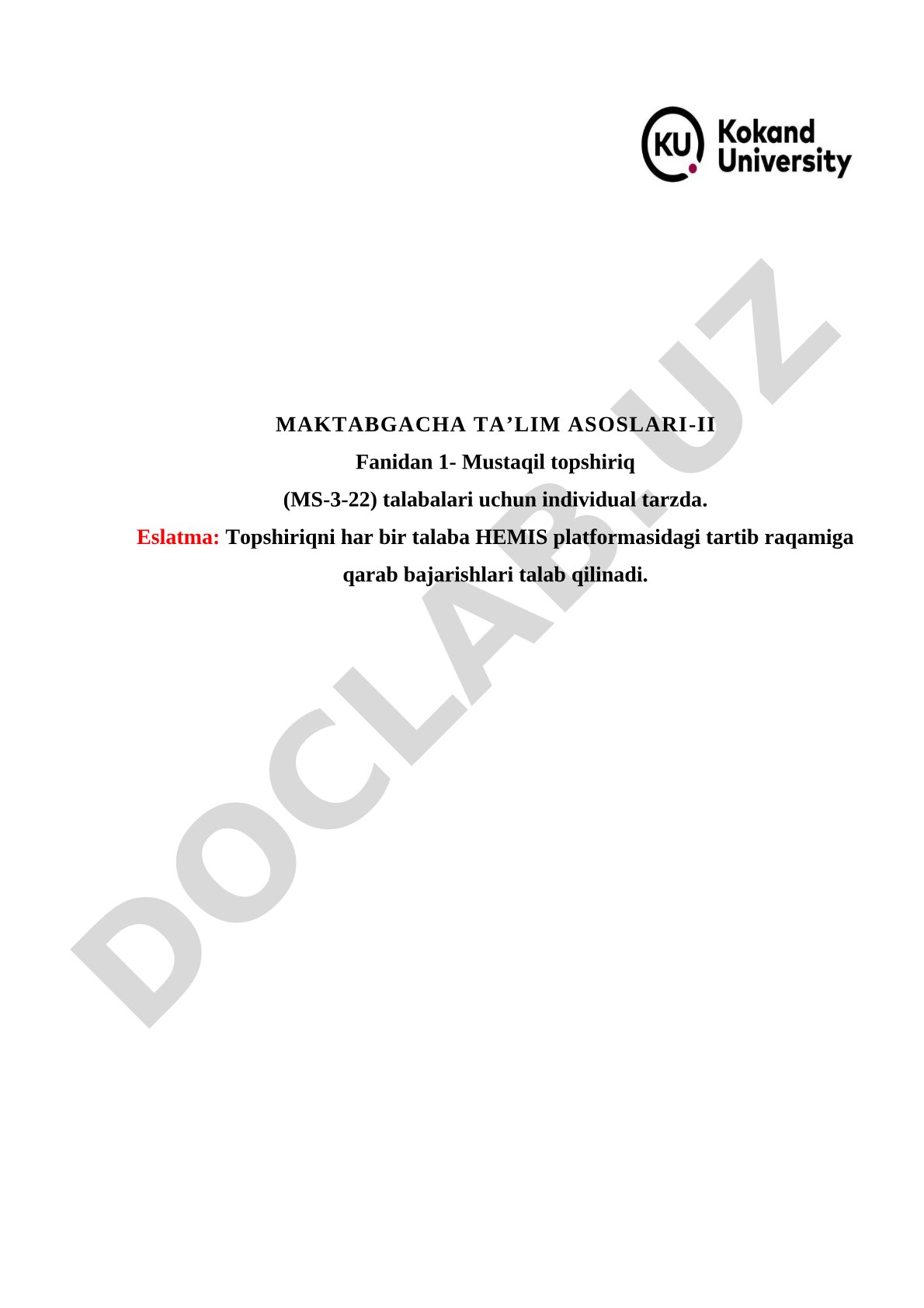 Maktabgacha ta'lim asoslari-II fanidan 1-mustaqil topshiriq