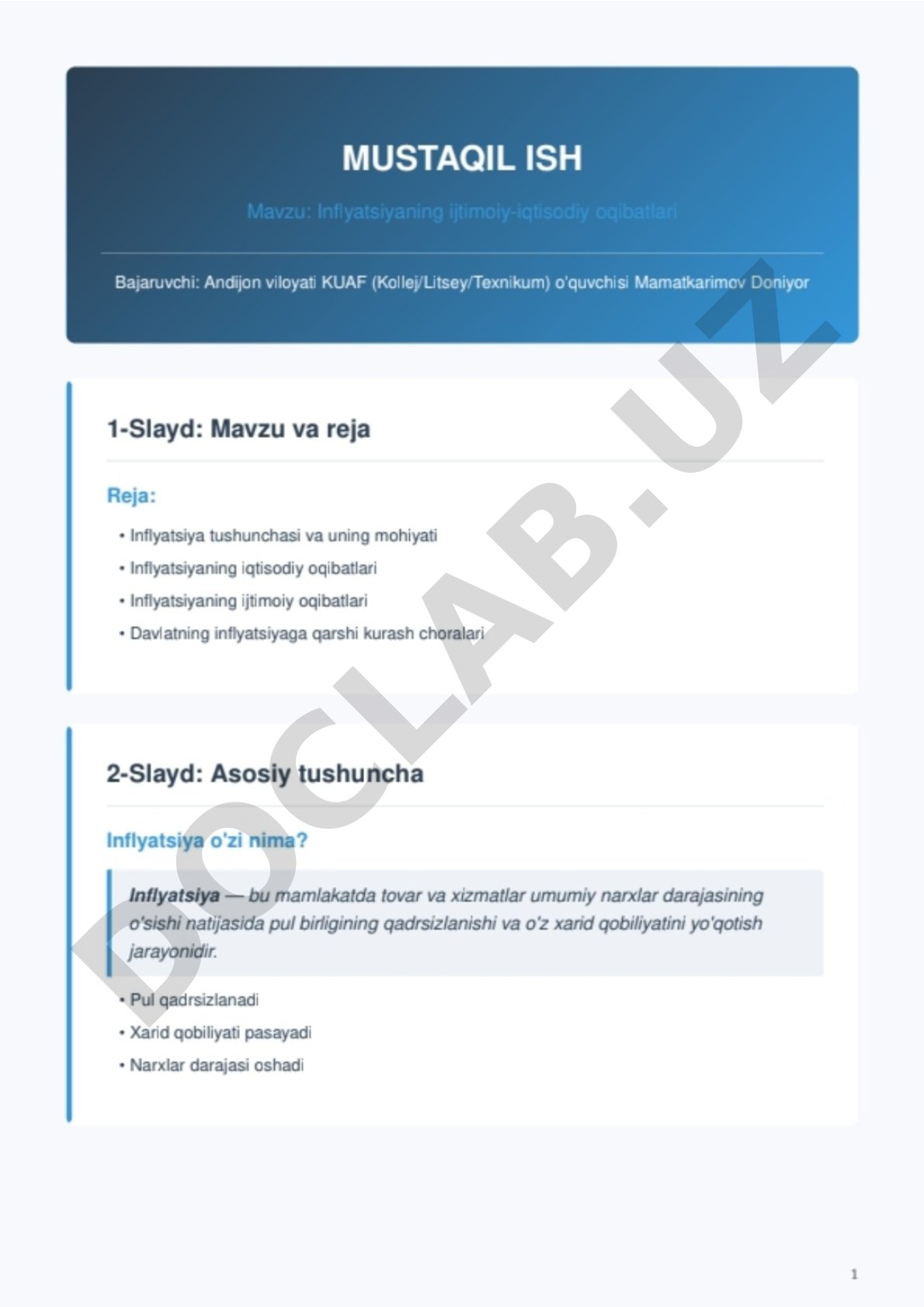 Inflyatsiya tushunchasi va uning mohiyati