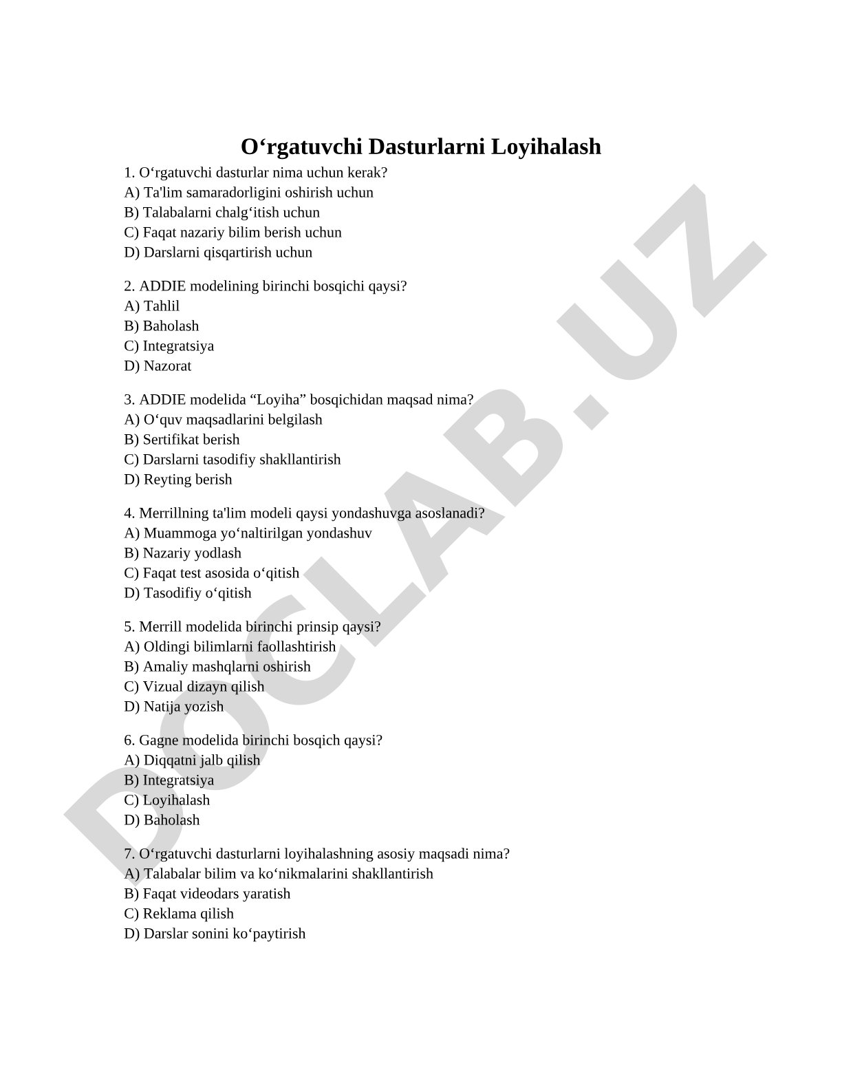 O‘rgatuvchi dasturlarni loyihalash bo‘yicha test savollari