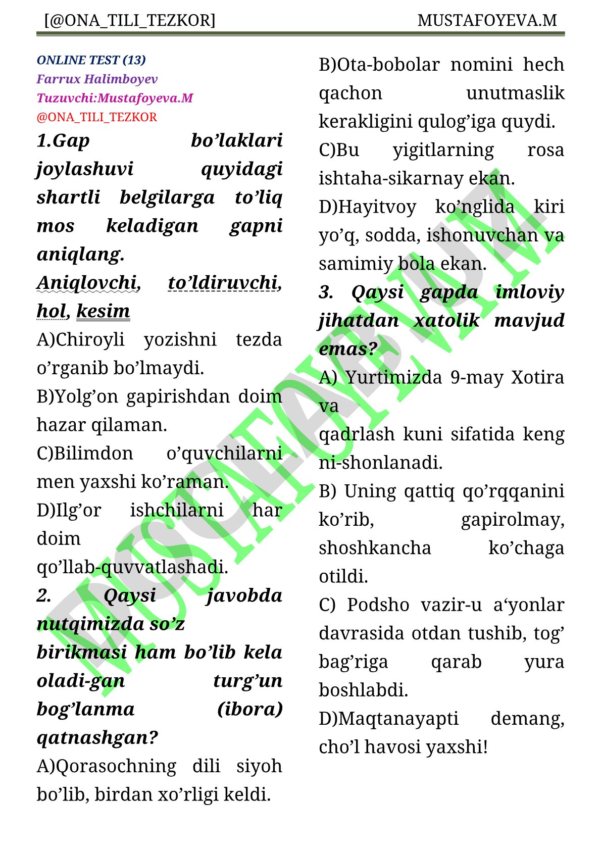 Ona tili fanidan test savollari (13-variant)