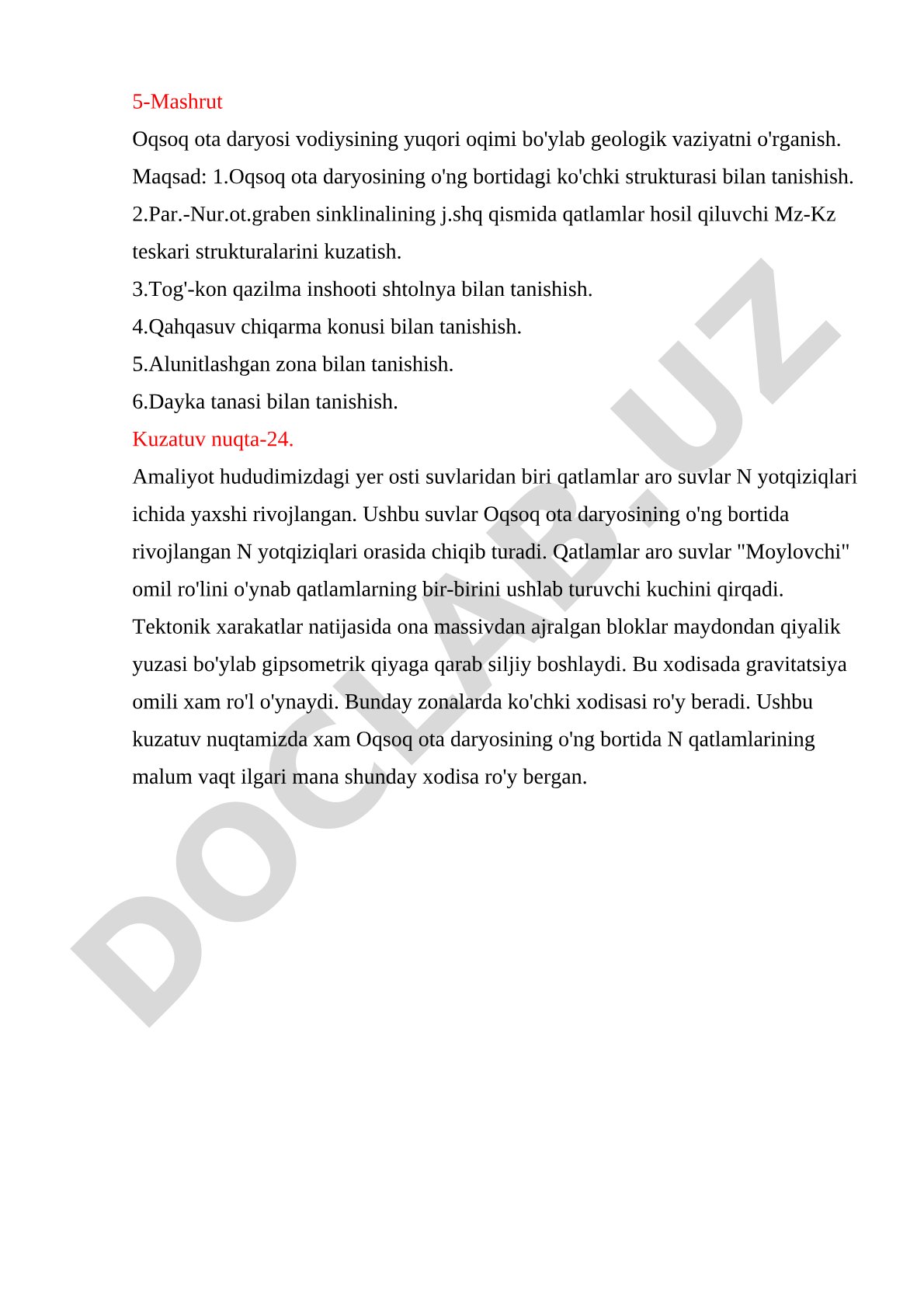Oqsoq ota daryosi vodiysining yuqori oqimi bo'ylab geologik vaziyatni o'rganish
