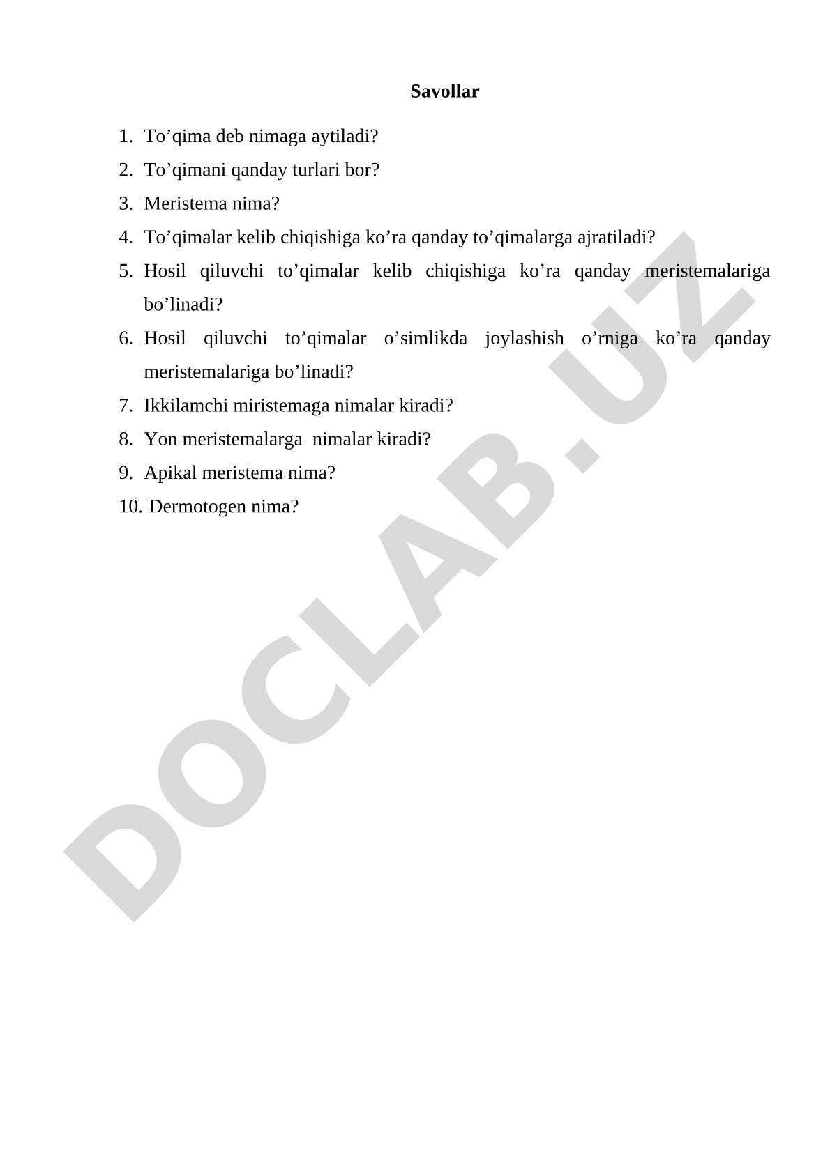 O'simlik to'qimalari va meristemalar bo'yicha savollar