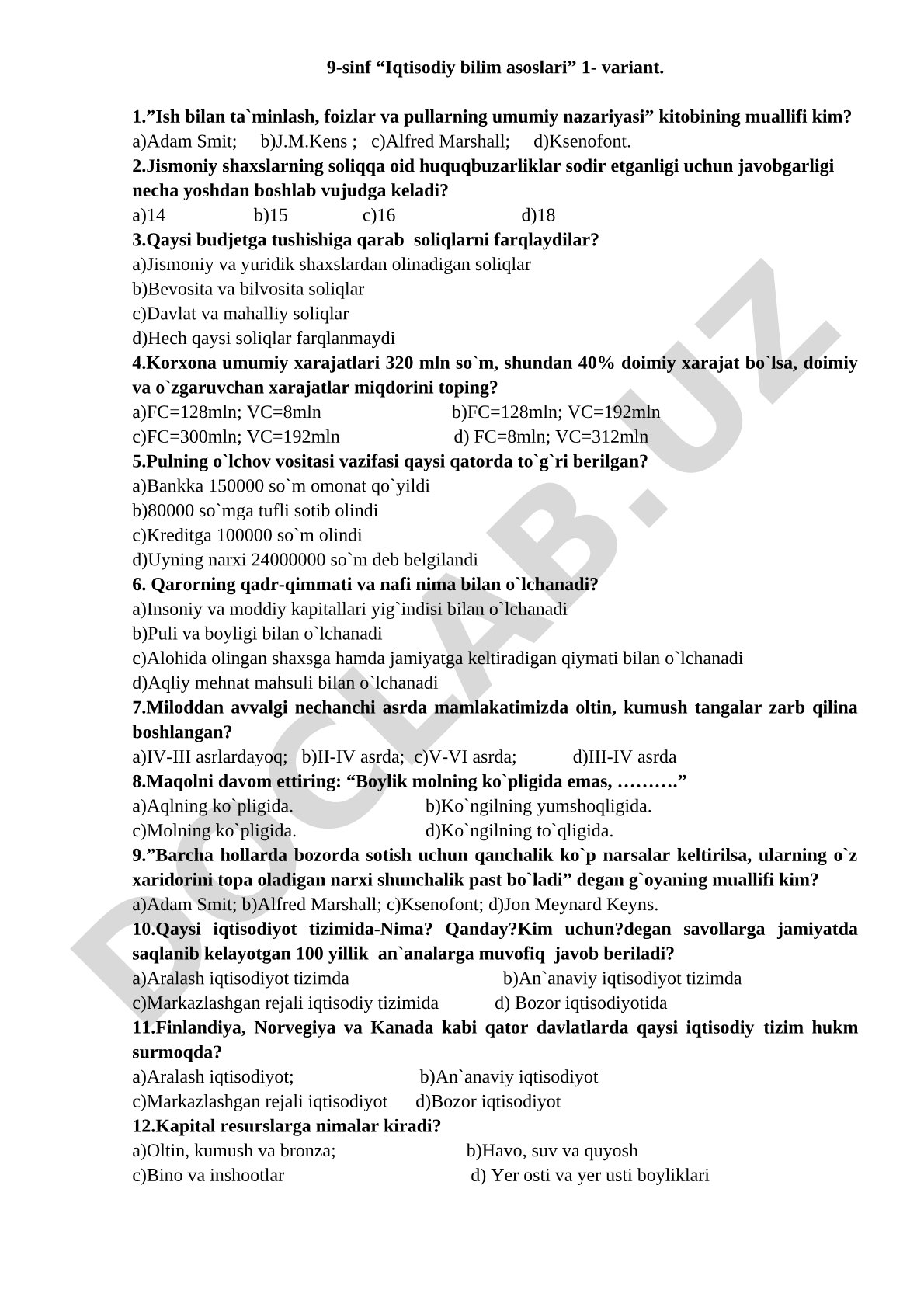 9-sinf “Iqtisodiy bilim asoslari” 1-variant