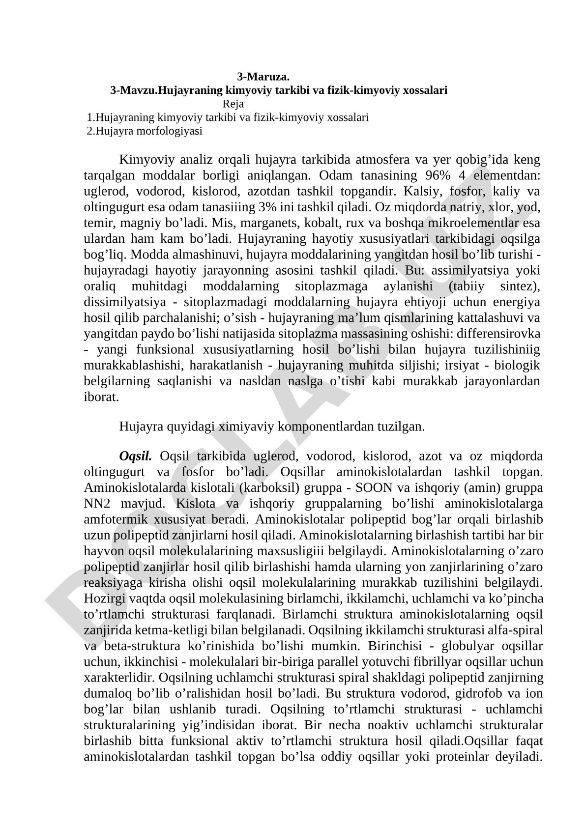 Hujayraning kimyoviy tarkibi va fizik-kimyoviy xossalari
