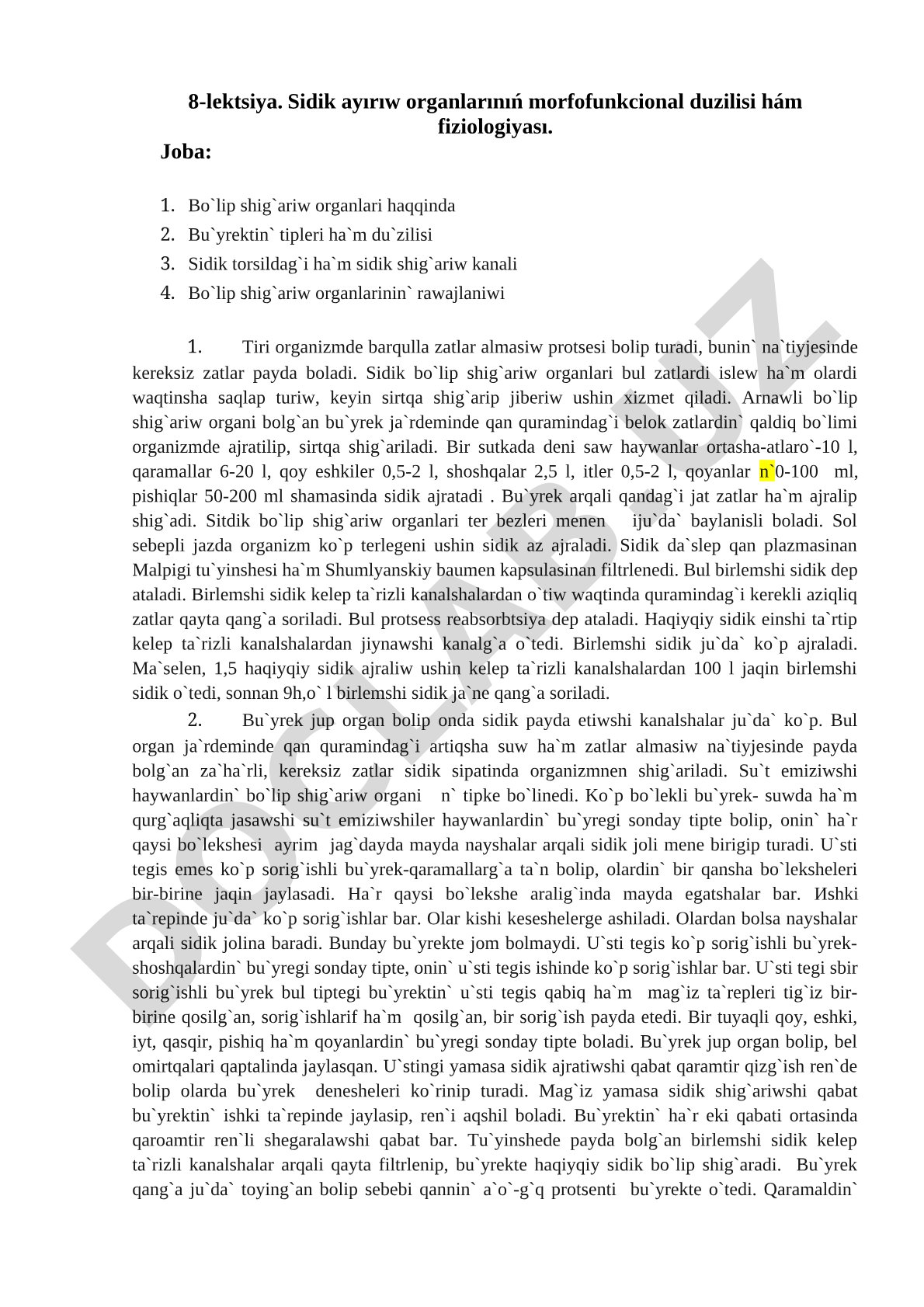 8-lektsiya. Sidik ayırıw organlarınıń morfofunkcional duzilisi hám fiziologiyası